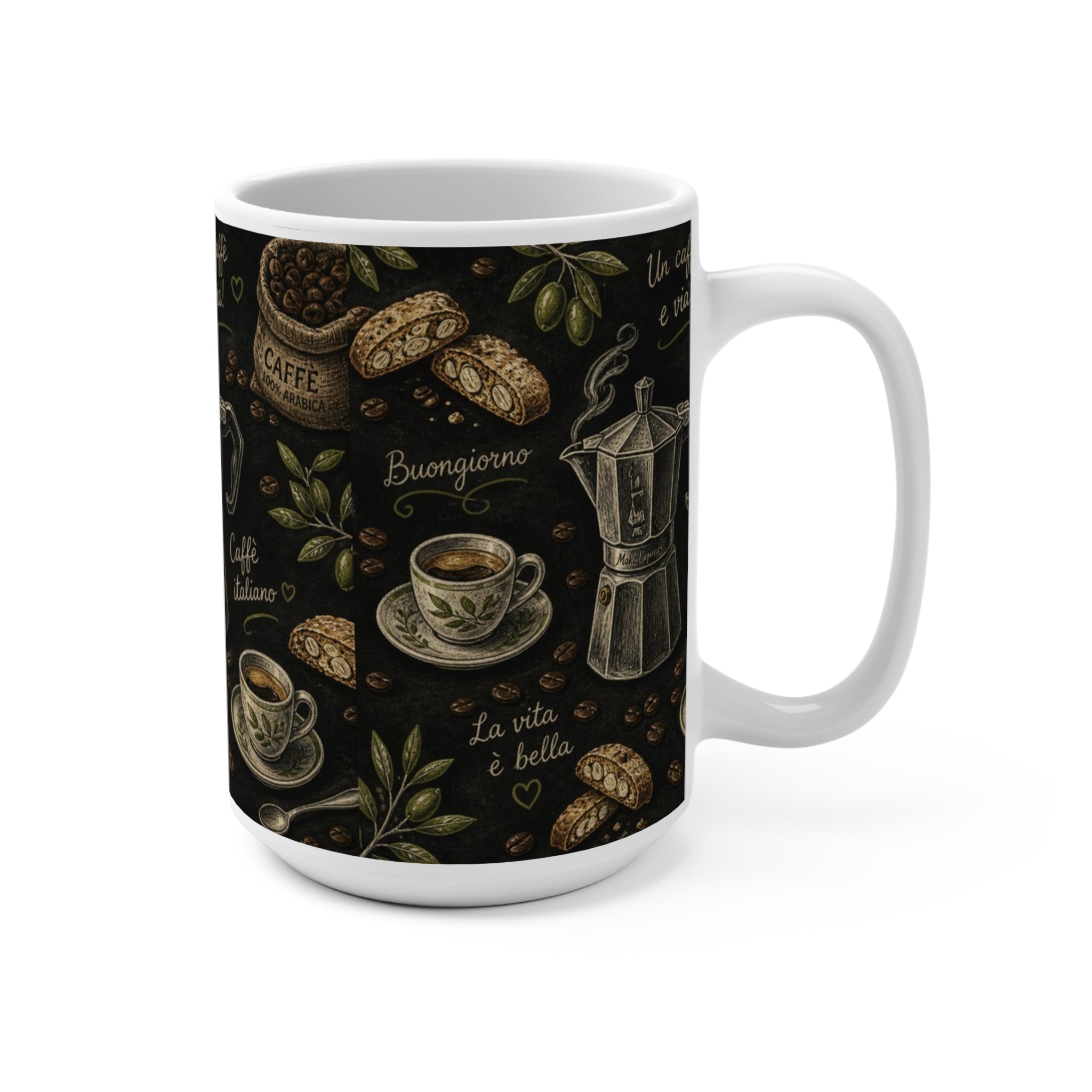 Espresso Moka Pot 15oz Ceramic Mug Mediterranean Kitchen Chalk Art Design Italian Cottagecore Gift