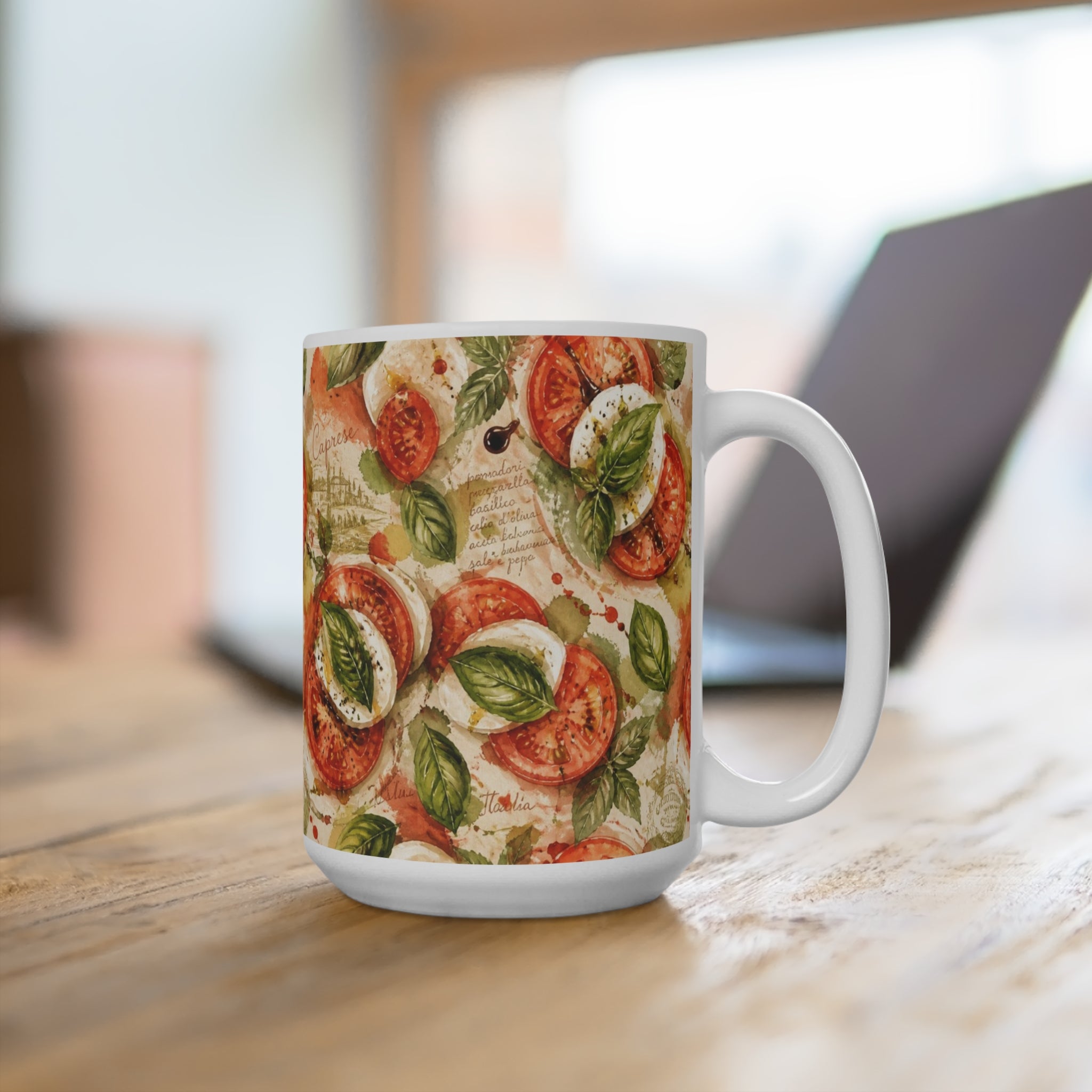 Caprese Arrangement 15oz Ceramic Mug Mediterranean Kitchen Watercolor Splash Design Italian Cottagecore Gift