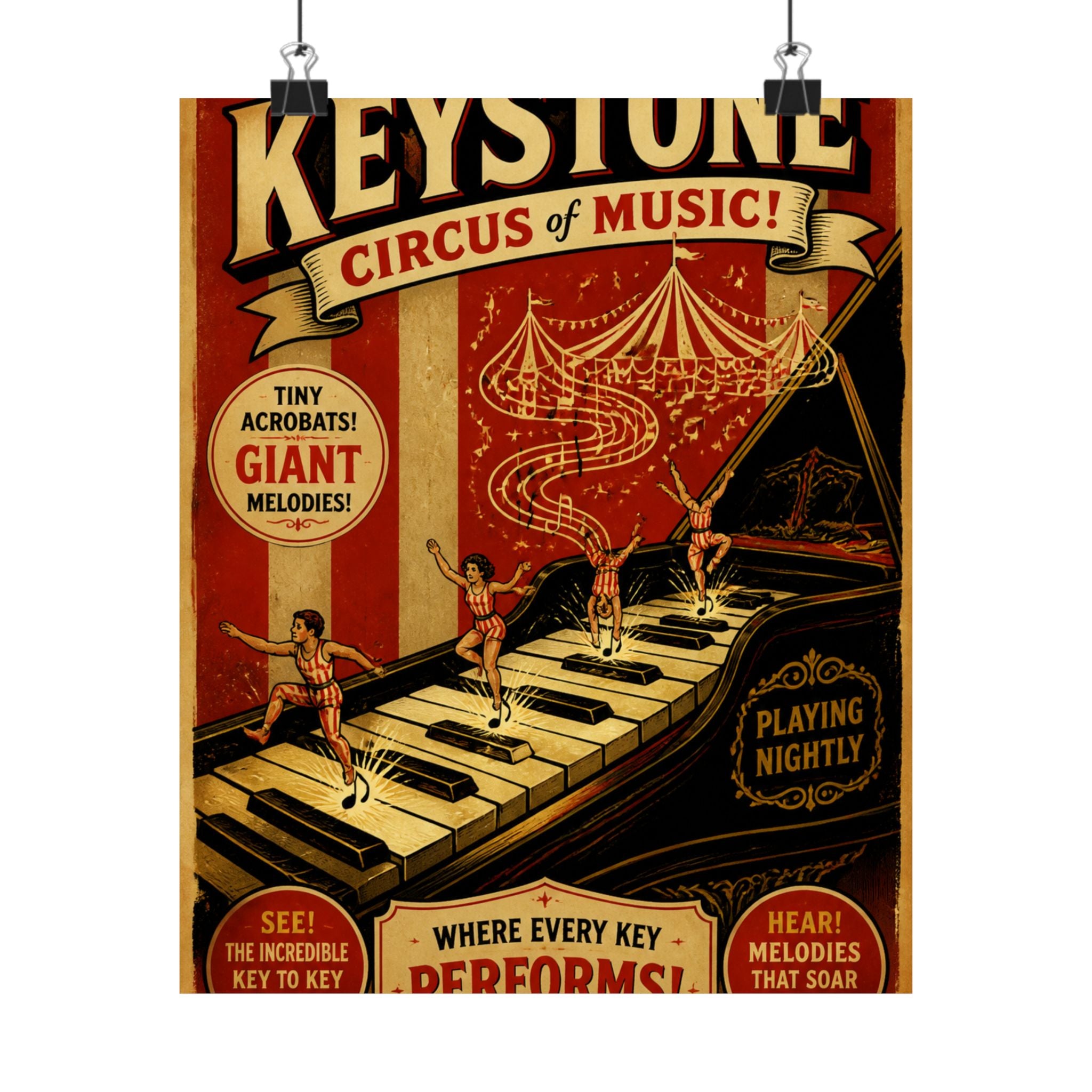 Grand Piano Acrobats Wall Art Poster 24×36 Vintage Circus Bedroom Decor Maximalist Print