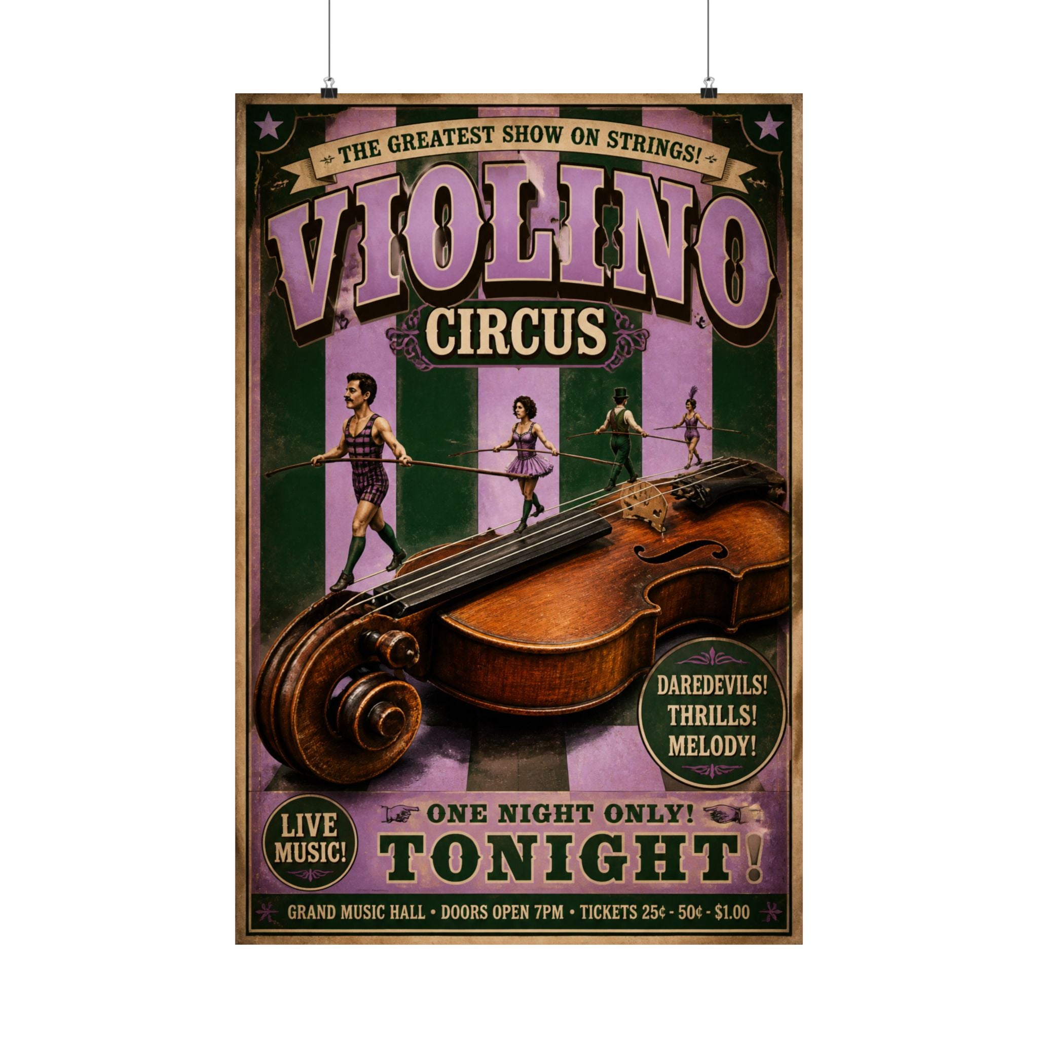 Violin Tightrope Bridge Wall Art Poster 24×36 Vintage Circus Bedroom Decor Maximalist Print