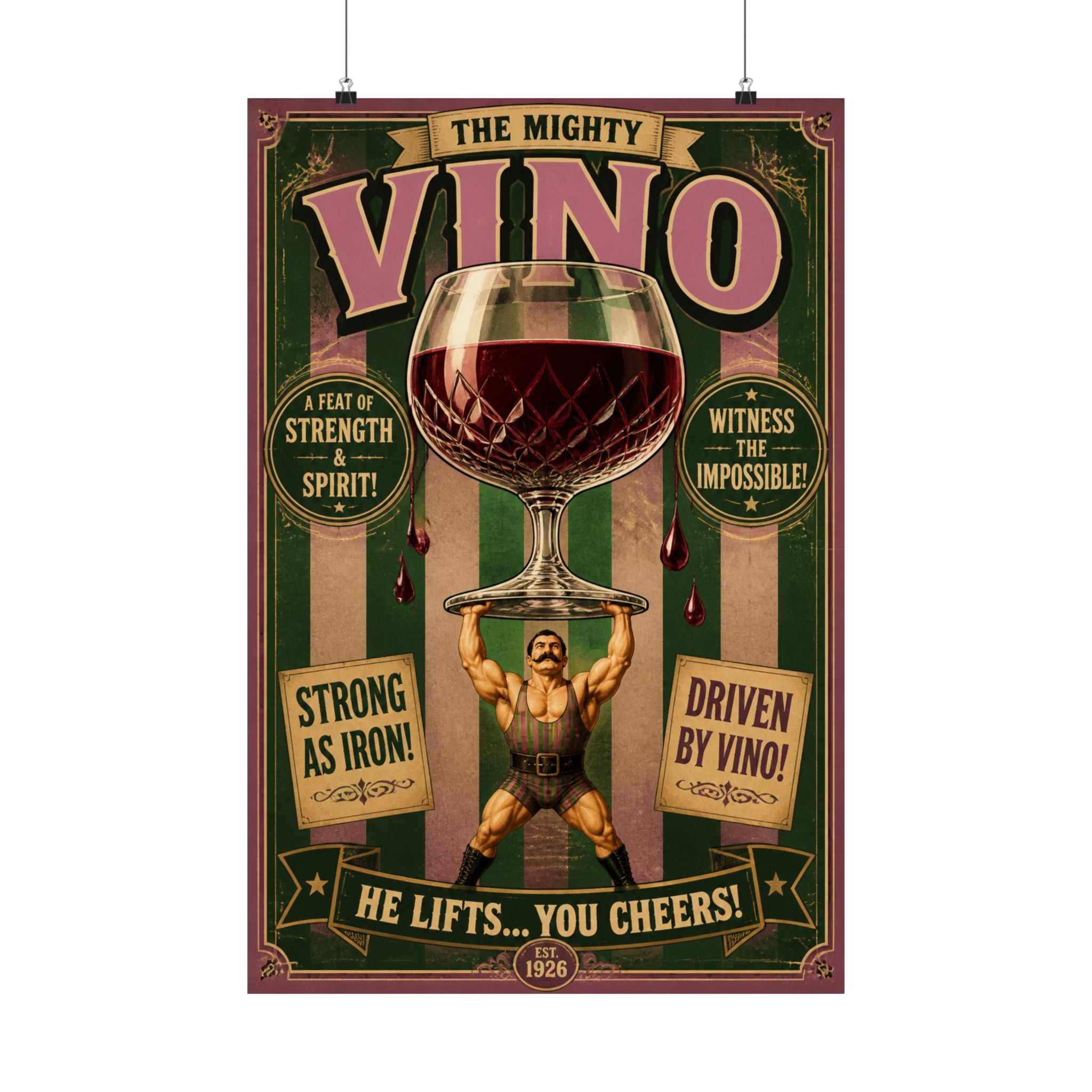 Wine Glass Strongman Wall Art Poster 24×36 Vintage Circus Bedroom Decor Maximalist Print
