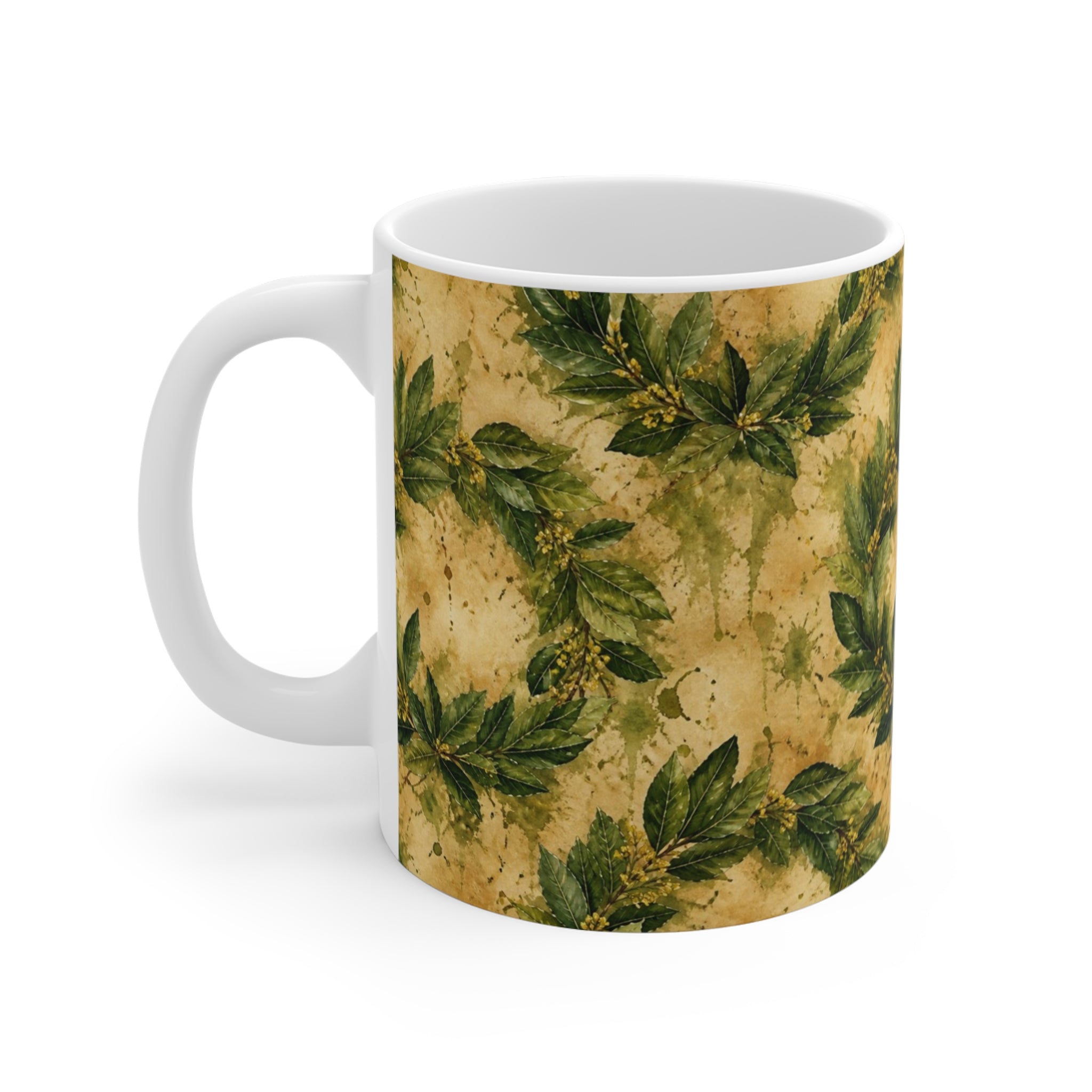 Bay Laurel Wreath 11oz Ceramic Mug Mediterranean Kitchen Watercolor Splash Design Italian Cottagecore Gift