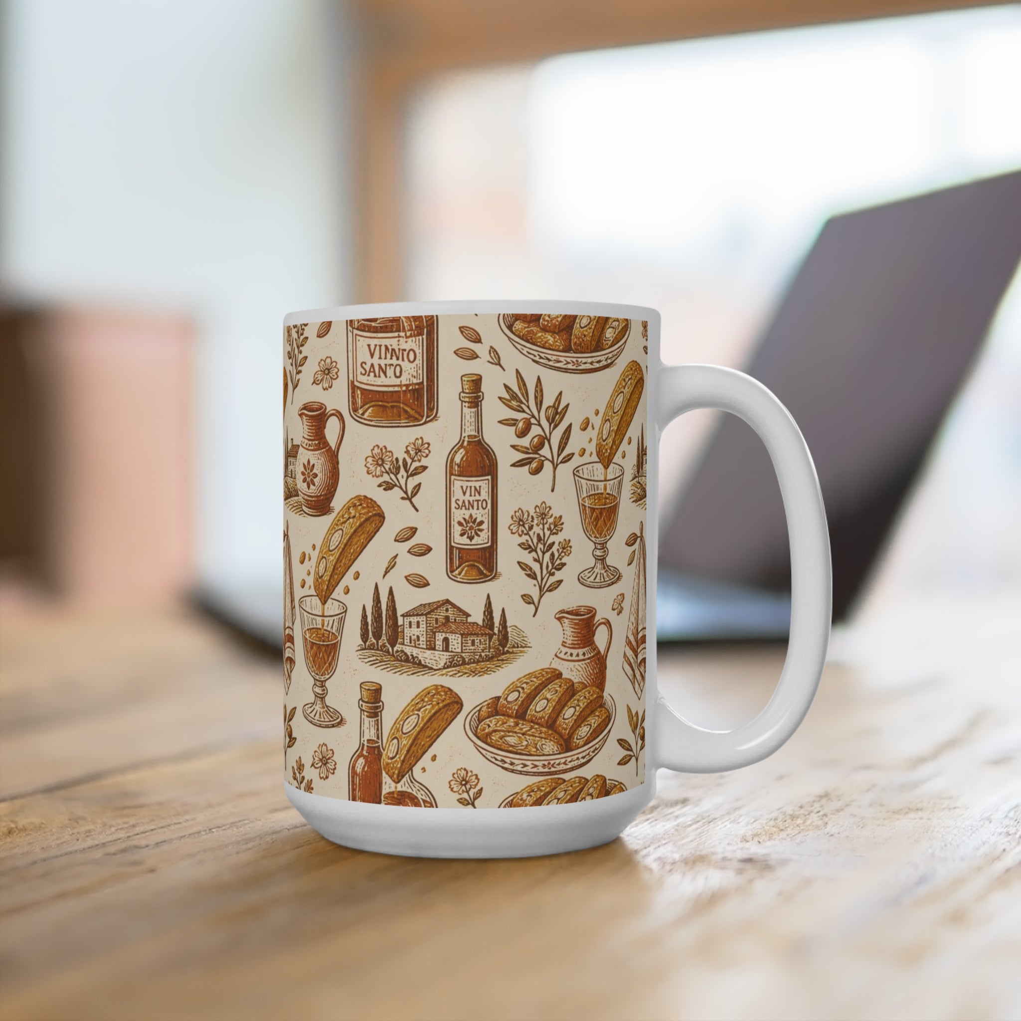 Biscotti & Vin Santo 15oz Ceramic Mug Mediterranean Kitchen Linocut Design Italian Cottagecore Gift