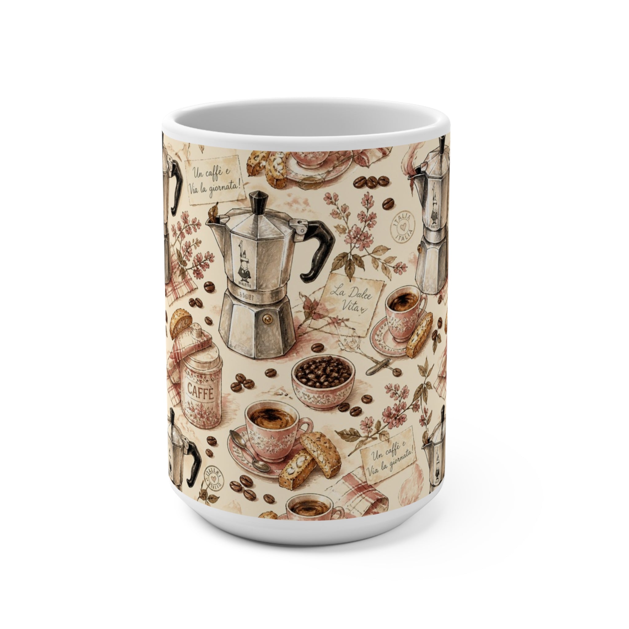 Espresso Moka Pot 15oz Ceramic Mug Mediterranean Kitchen Watercolor Design Italian Cottagecore Gift