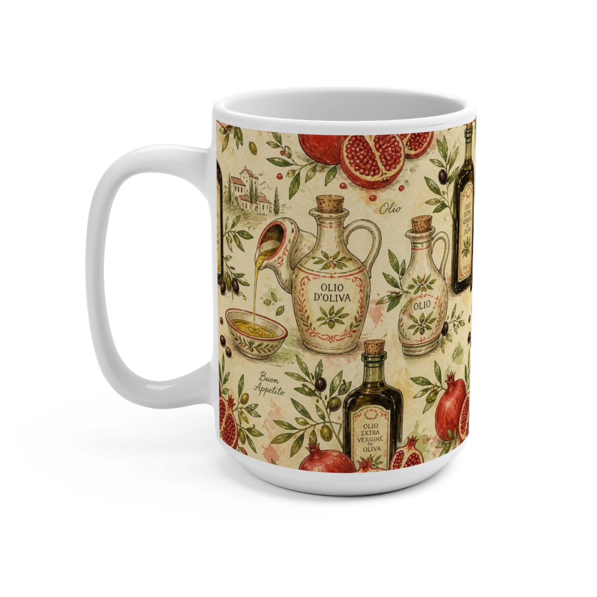 Olive Oil Bottles 15oz Ceramic Mug Mediterranean Kitchen Watercolor Design Italian Cottagecore Gift