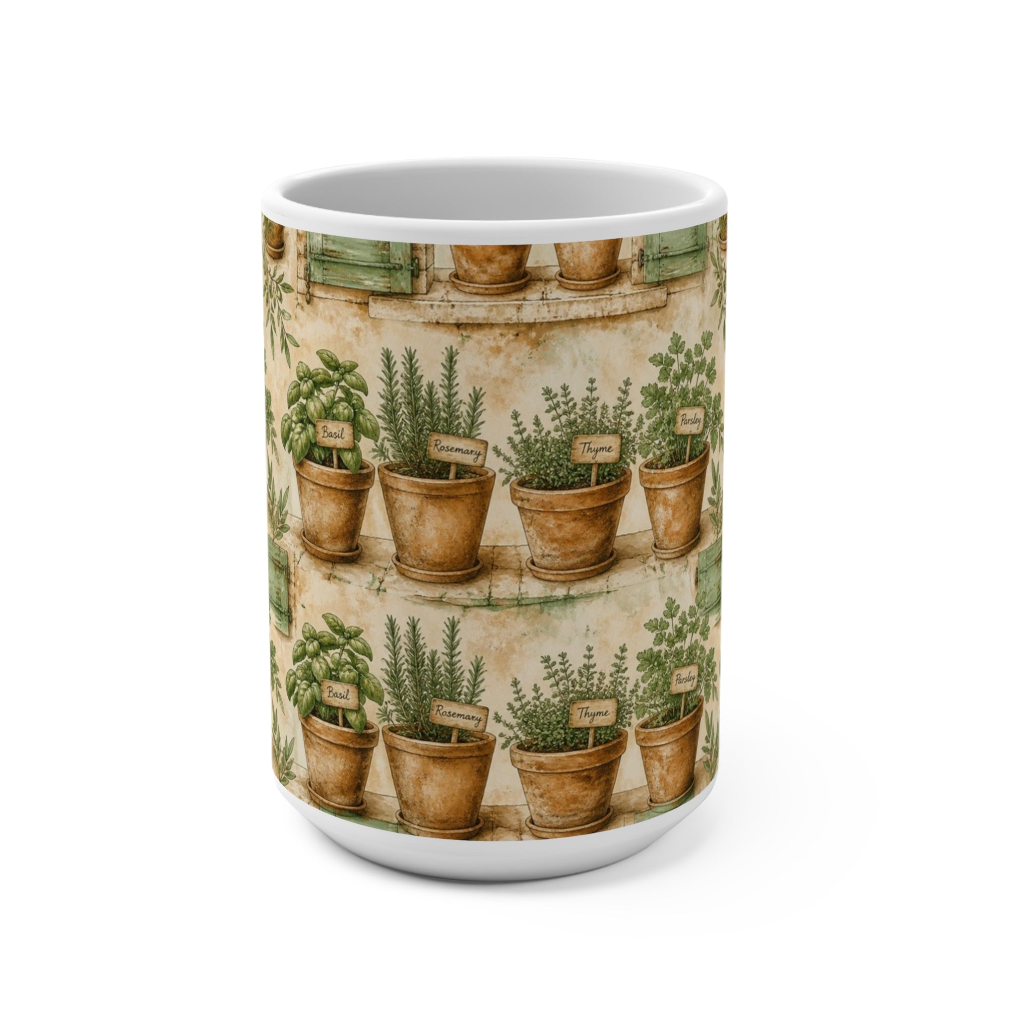 Terracotta Herb Pots 15oz Ceramic Mug Mediterranean Kitchen Watercolor Design Italian Cottagecore Gift