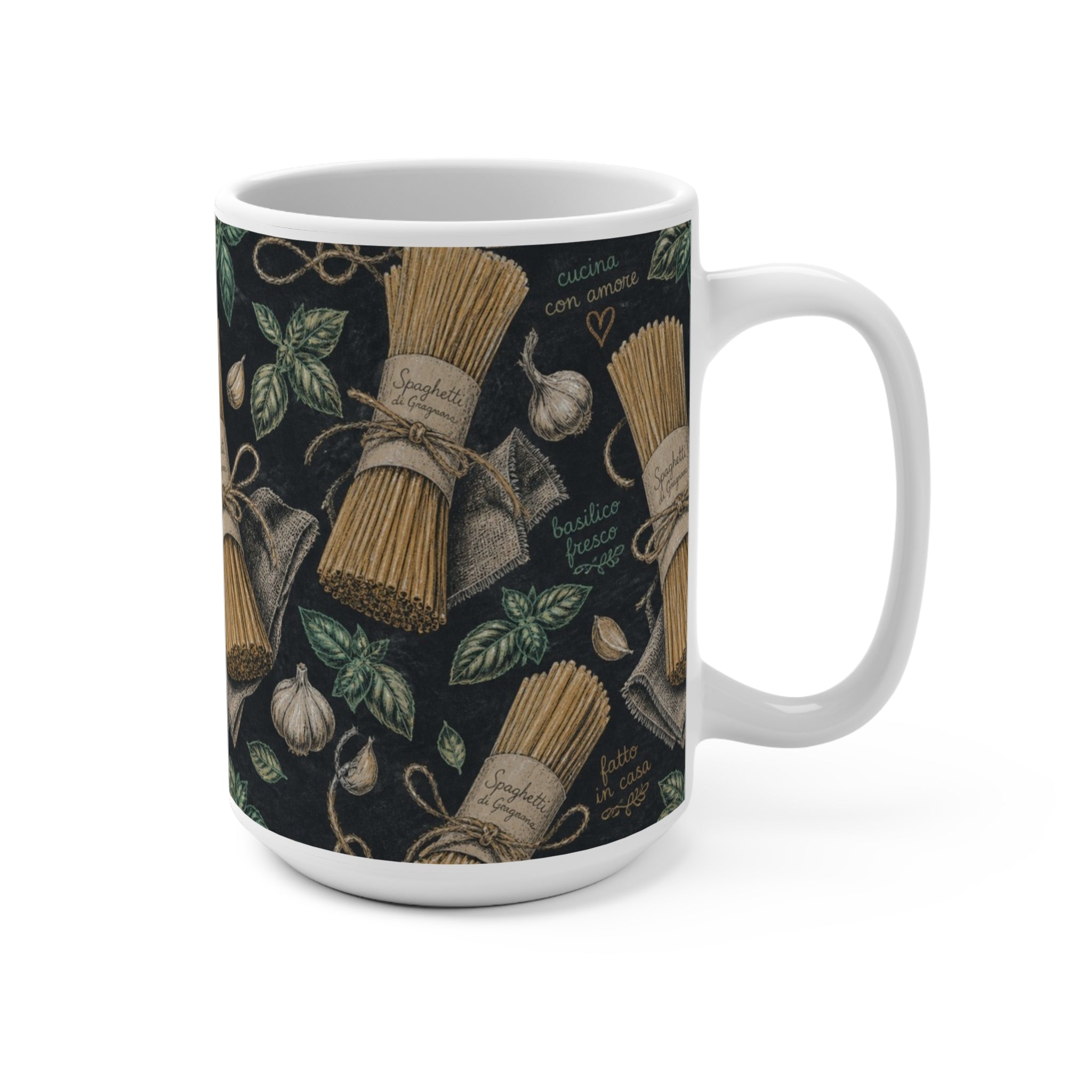 Spaghetti Bundle 15oz Ceramic Mug Mediterranean Kitchen Chalk Art Design Italian Cottagecore Gift
