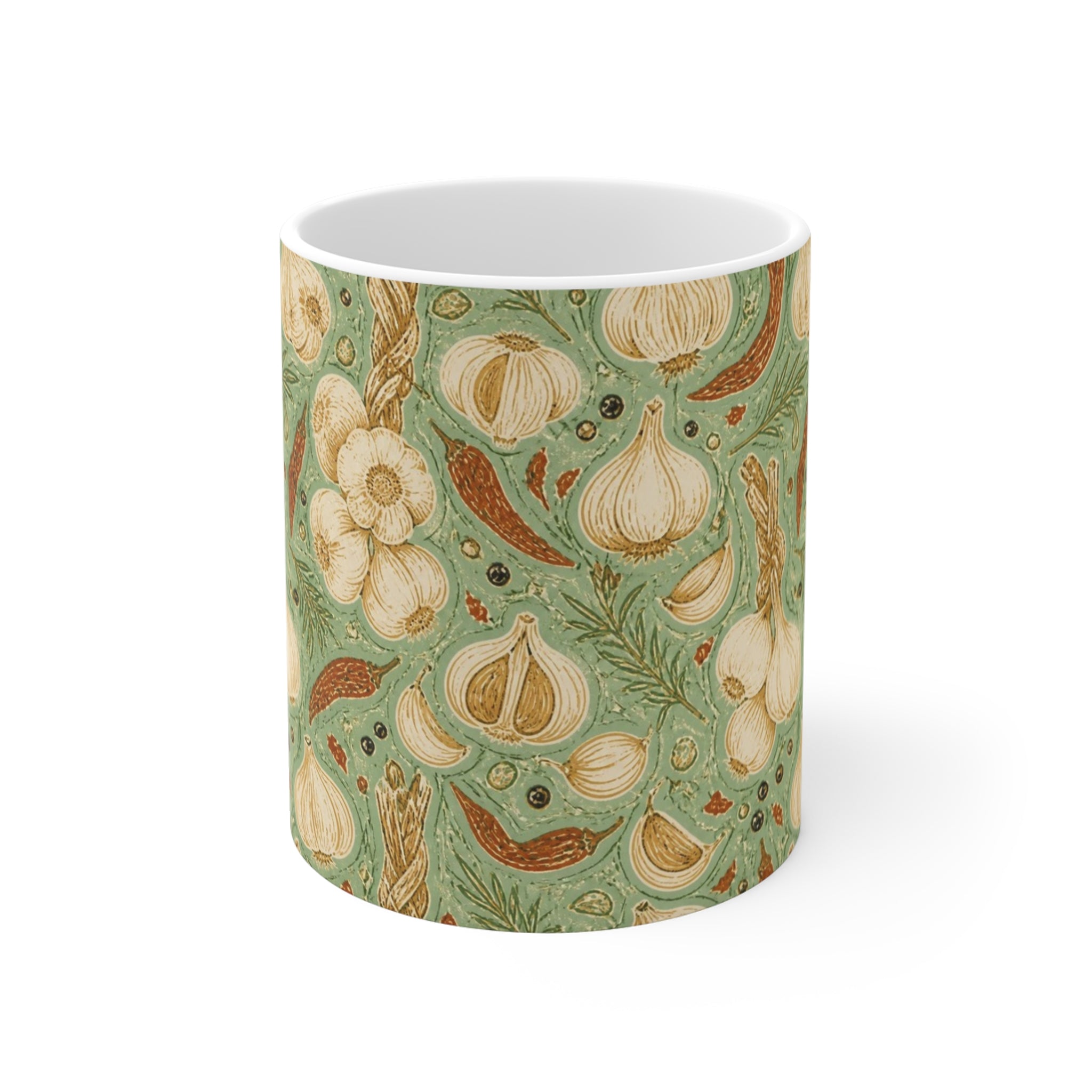 Garlic Bulbs & Cloves 11oz Ceramic Mug Mediterranean Kitchen Linocut Design Italian Cottagecore Gift