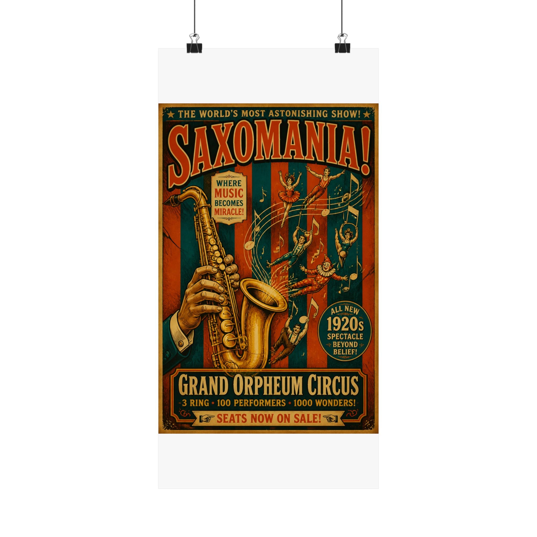 Saxophone Music Circus Wall Art Poster 18×24 Vintage Circus Kitchen Decor Maximalist Print