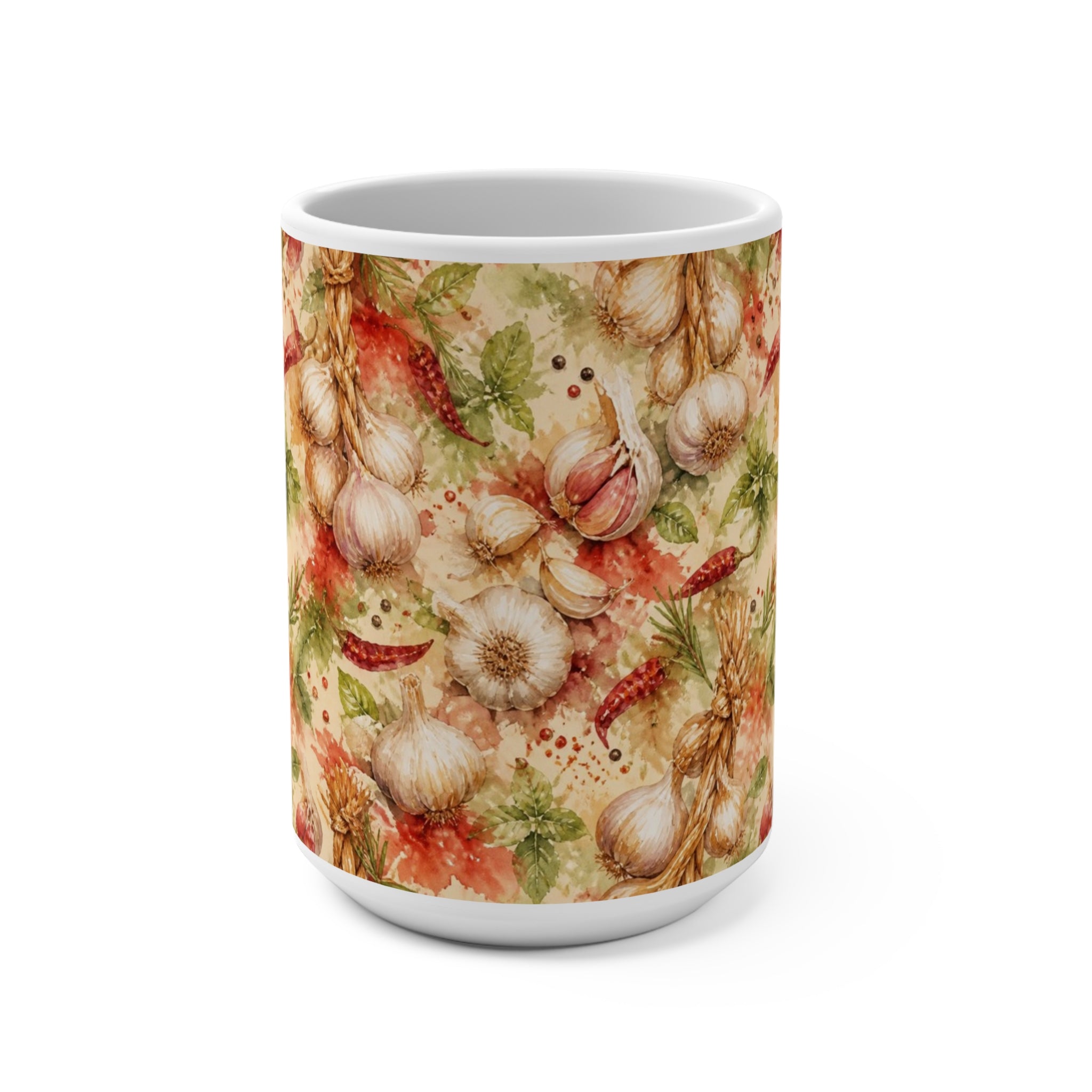 Garlic Bulbs & Cloves 15oz Ceramic Mug Mediterranean Kitchen Watercolor Splash Design Italian Cottagecore Gift