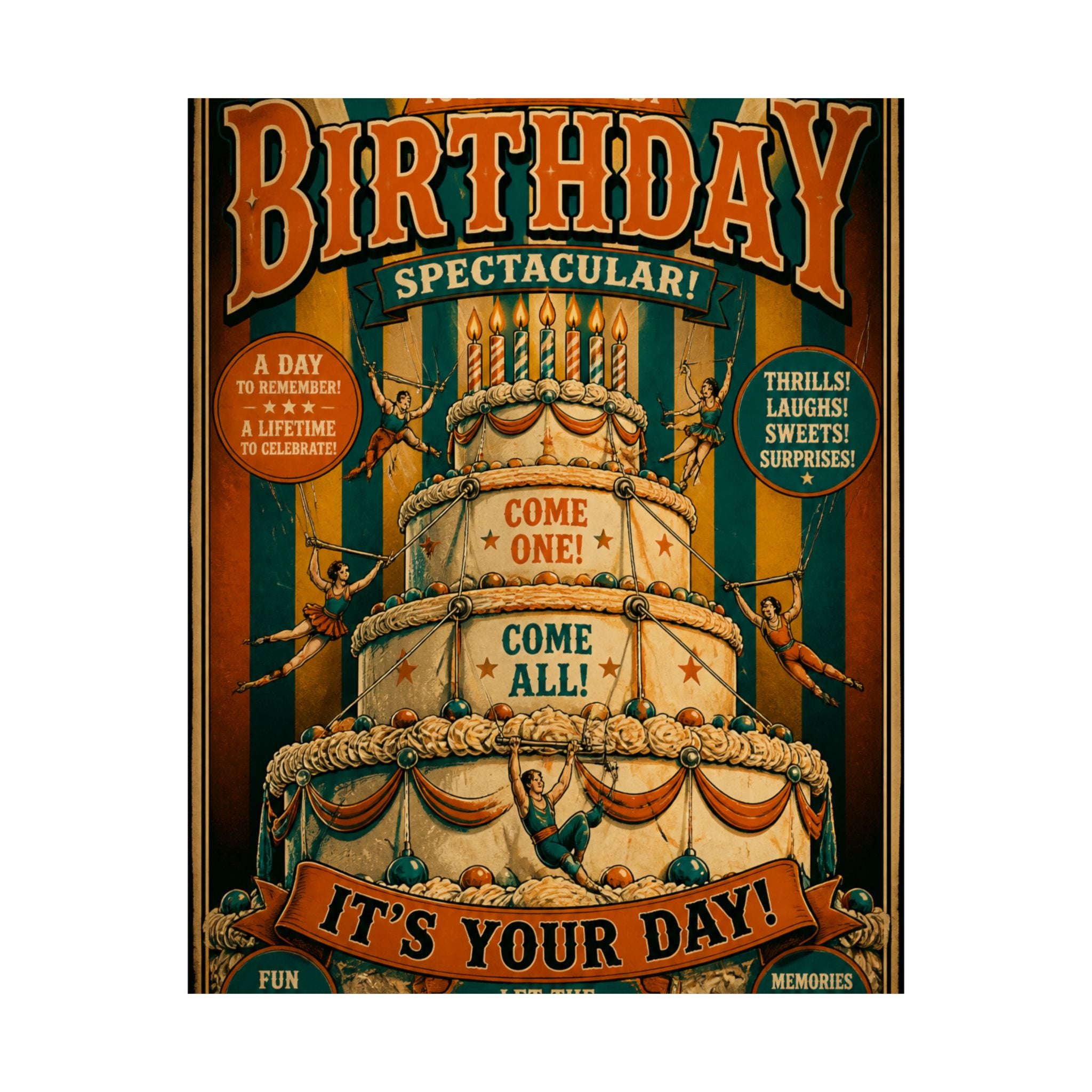 Birthday Cake Trapeze Wall Art Poster 24×36 Vintage Circus Bedroom Decor Maximalist Print