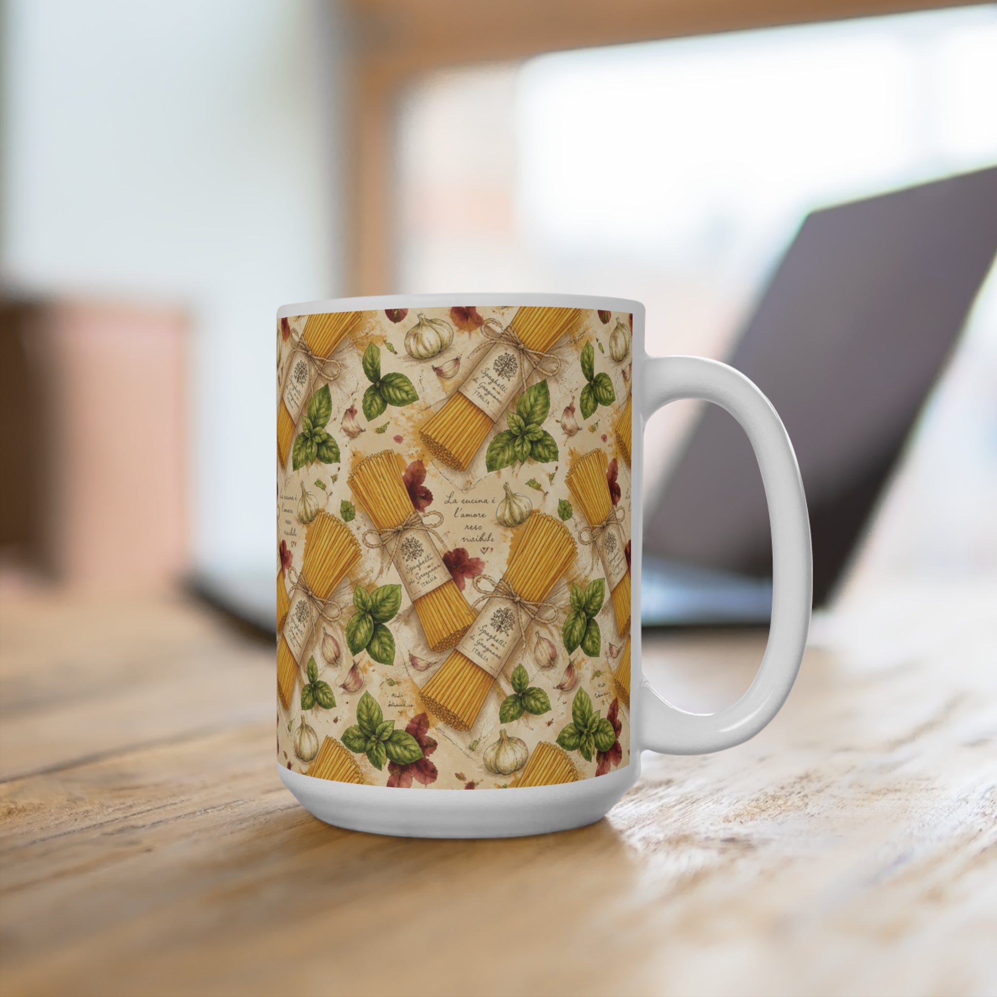Spaghetti Bundle 15oz Ceramic Mug Mediterranean Kitchen Watercolor Design Italian Cottagecore Gift