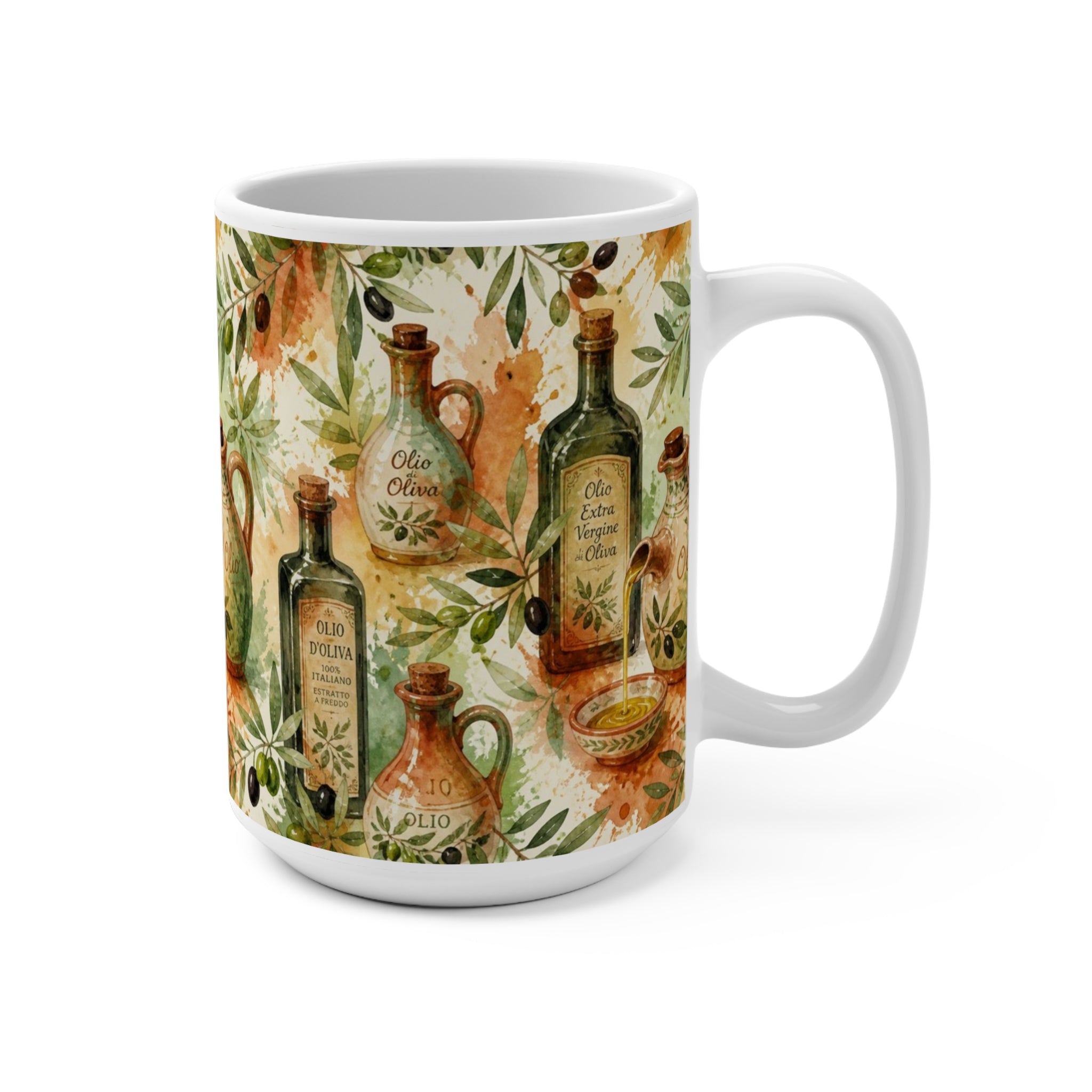 Olive Oil Bottles 15oz Ceramic Mug Mediterranean Kitchen Watercolor Splash Design Italian Cottagecore Gift