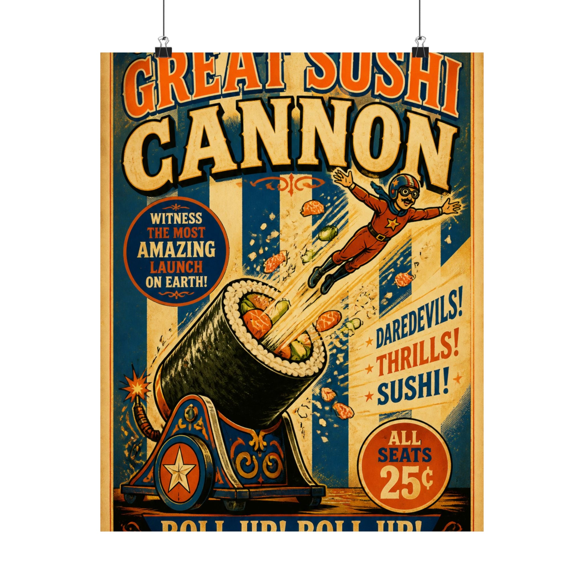 Sushi Roll Cannon Wall Art Poster 18×24 Vintage Circus Kitchen Decor Maximalist Print