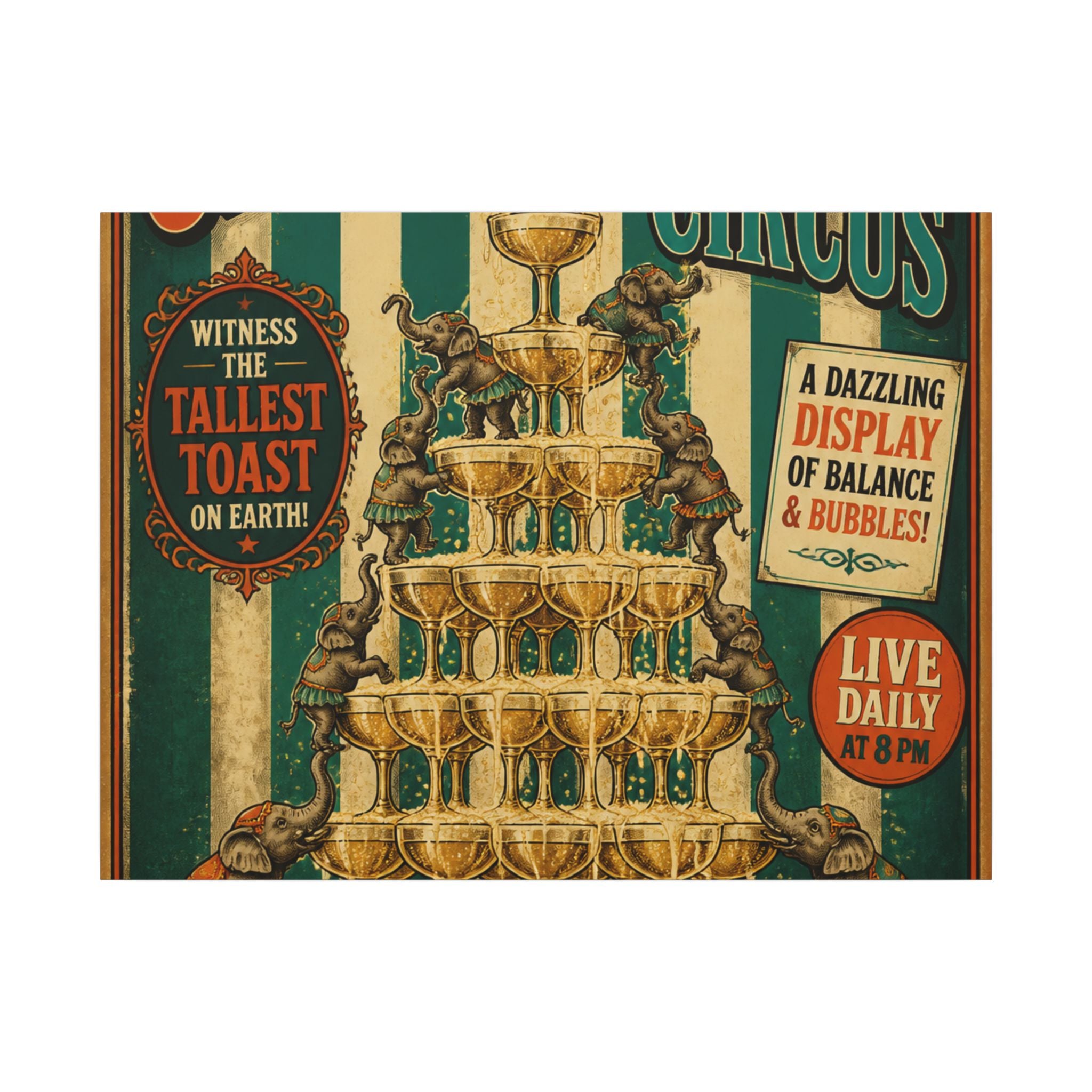 Champagne Tower Elephants Wall Art Canvas 16×20 Vintage Circus Kitchen Decor Maximalist Print