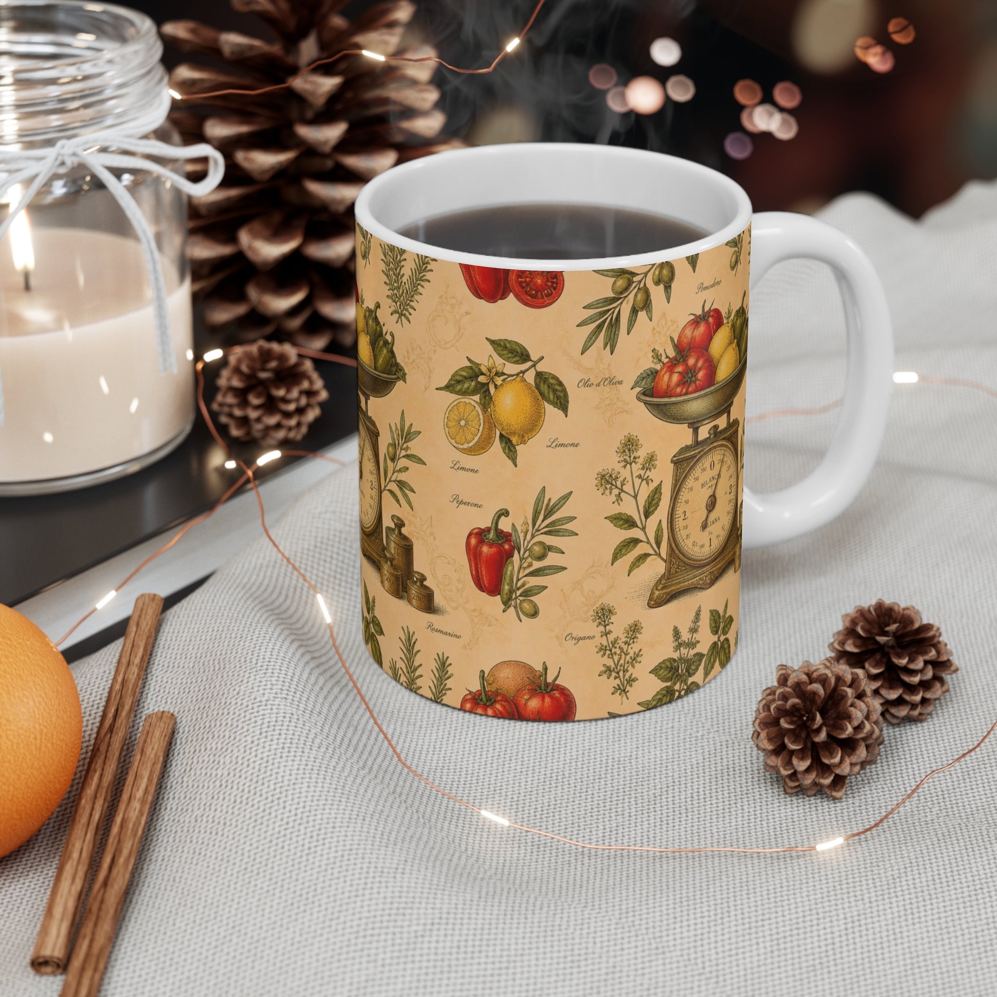 Vintage Kitchen Scale 11oz Ceramic Mug Mediterranean Kitchen Botanical Design Italian Cottagecore Gift