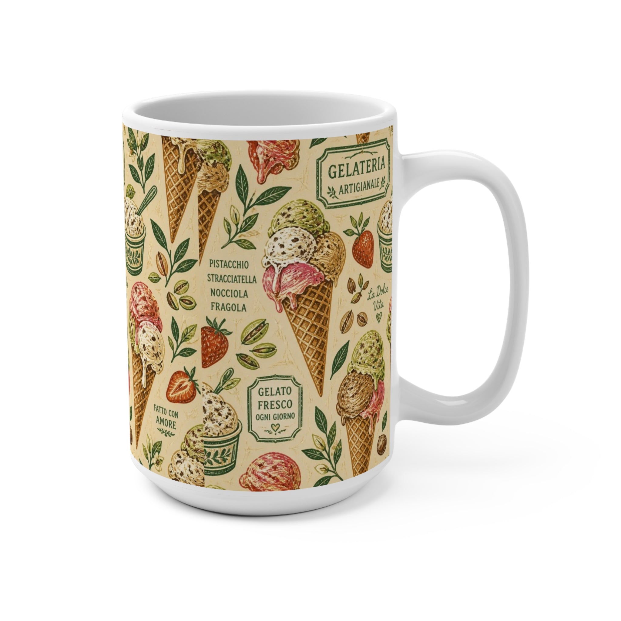 Gelato Scoops 15oz Ceramic Mug Mediterranean Kitchen Linocut Design Italian Cottagecore Gift