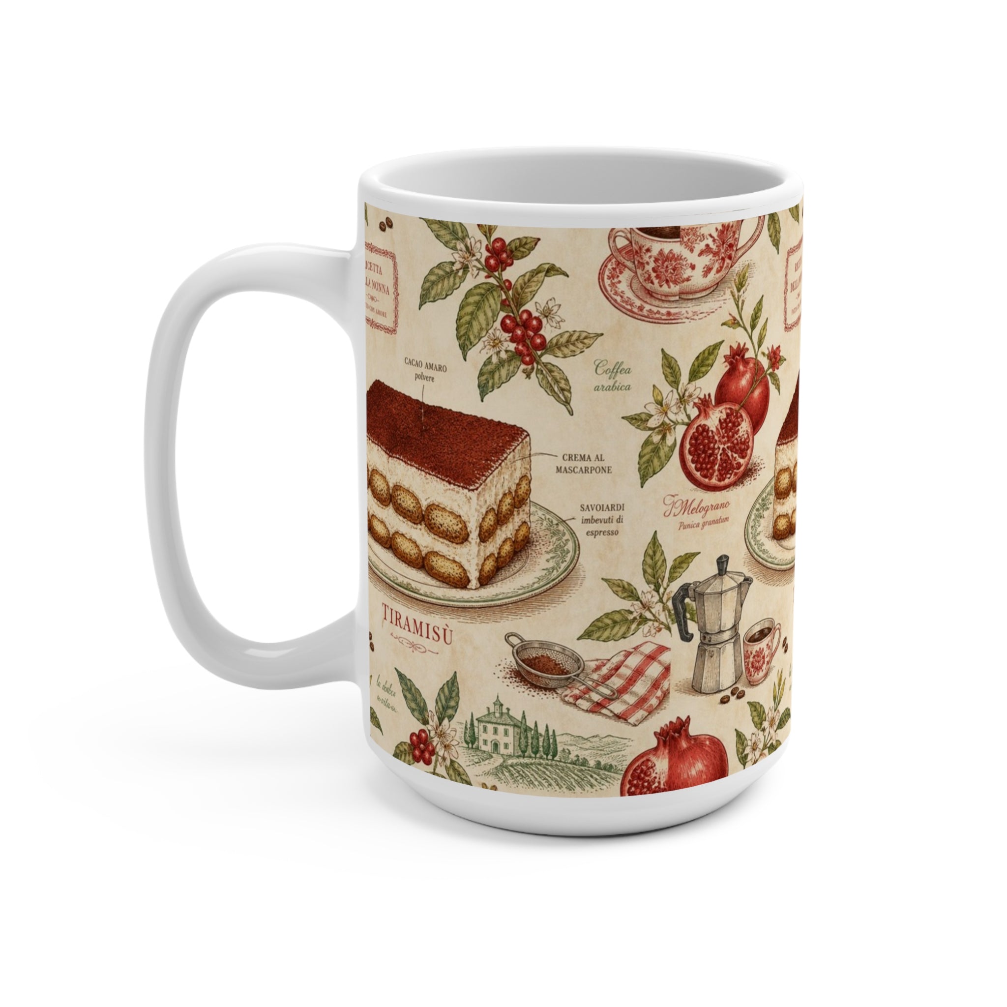 Tiramisu Layers 15oz Ceramic Mug Mediterranean Kitchen Botanical Design Italian Cottagecore Gift