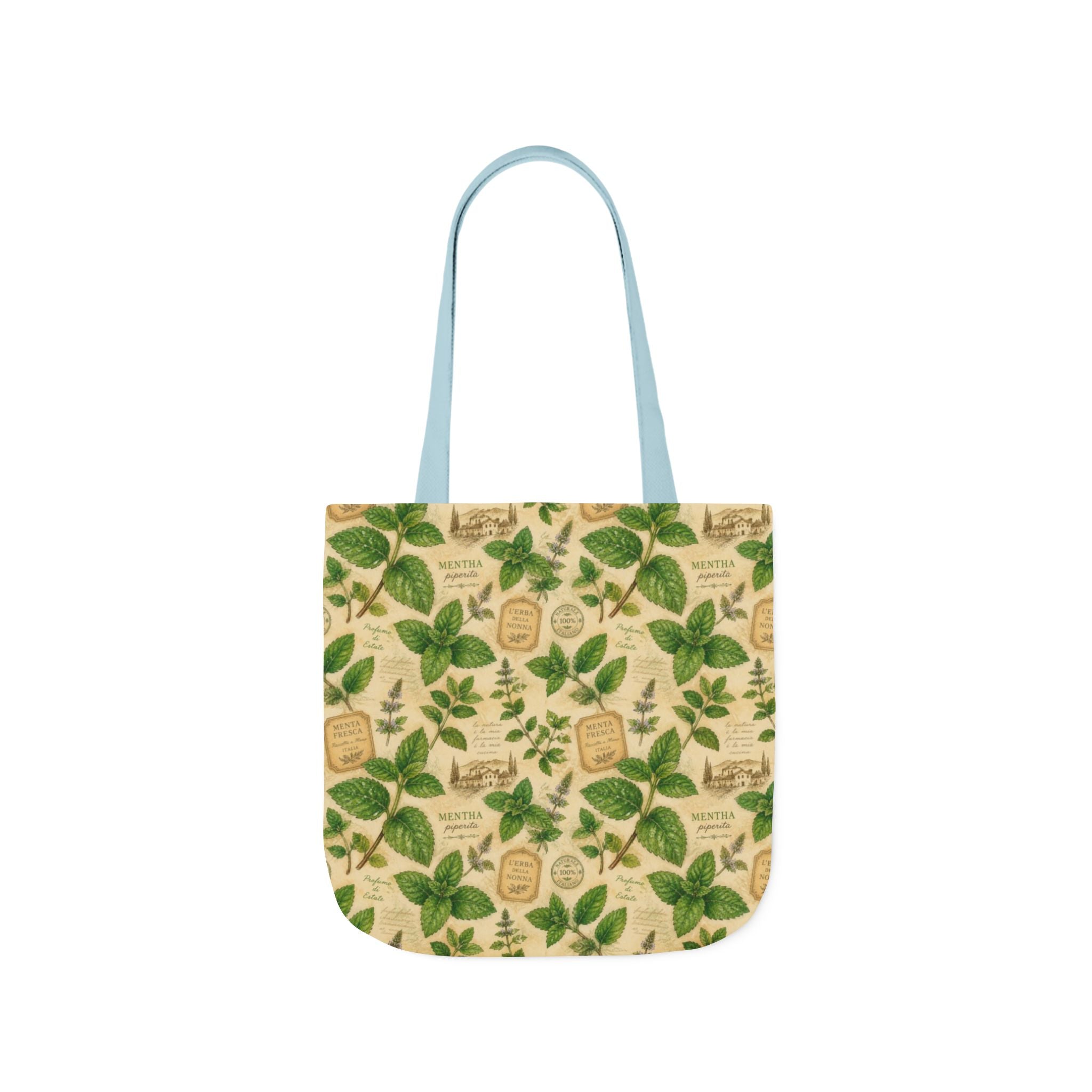 Fresh Mint Leaves Canvas Tote Bag Mediterranean Kitchen Watercolor Design Italian Cottagecore Gift