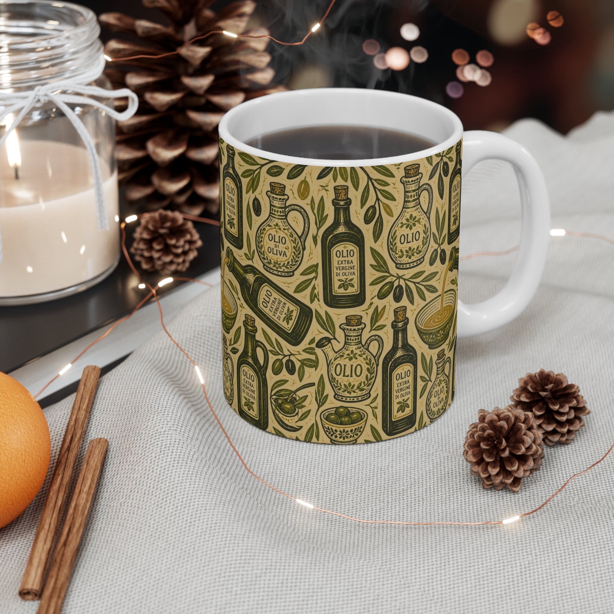 Olive Oil Bottles 11oz Ceramic Mug Mediterranean Kitchen Linocut Design Italian Cottagecore Gift