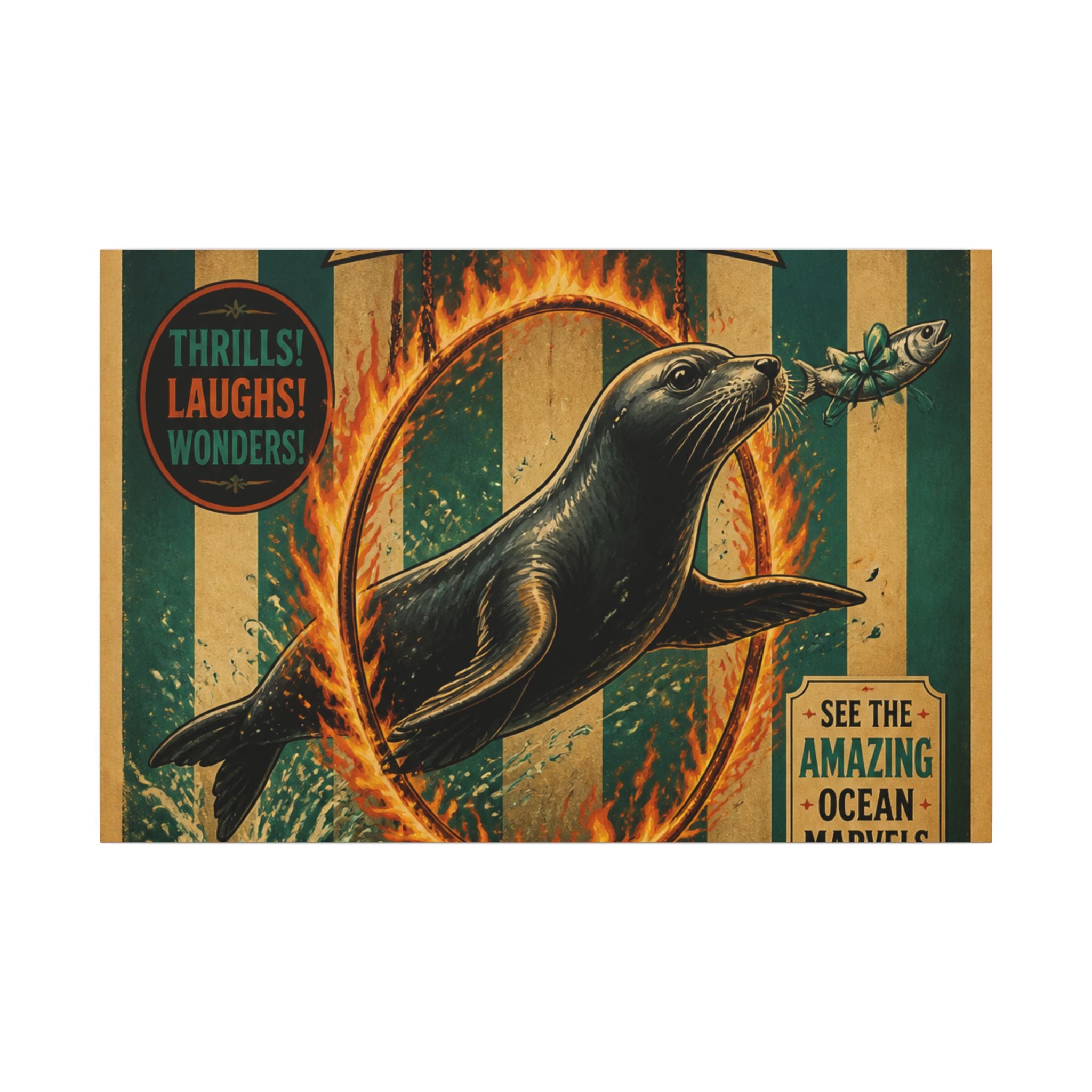 Seal Fire Hoop Wall Art Canvas 24×36 Vintage Circus Bedroom Decor Maximalist Print