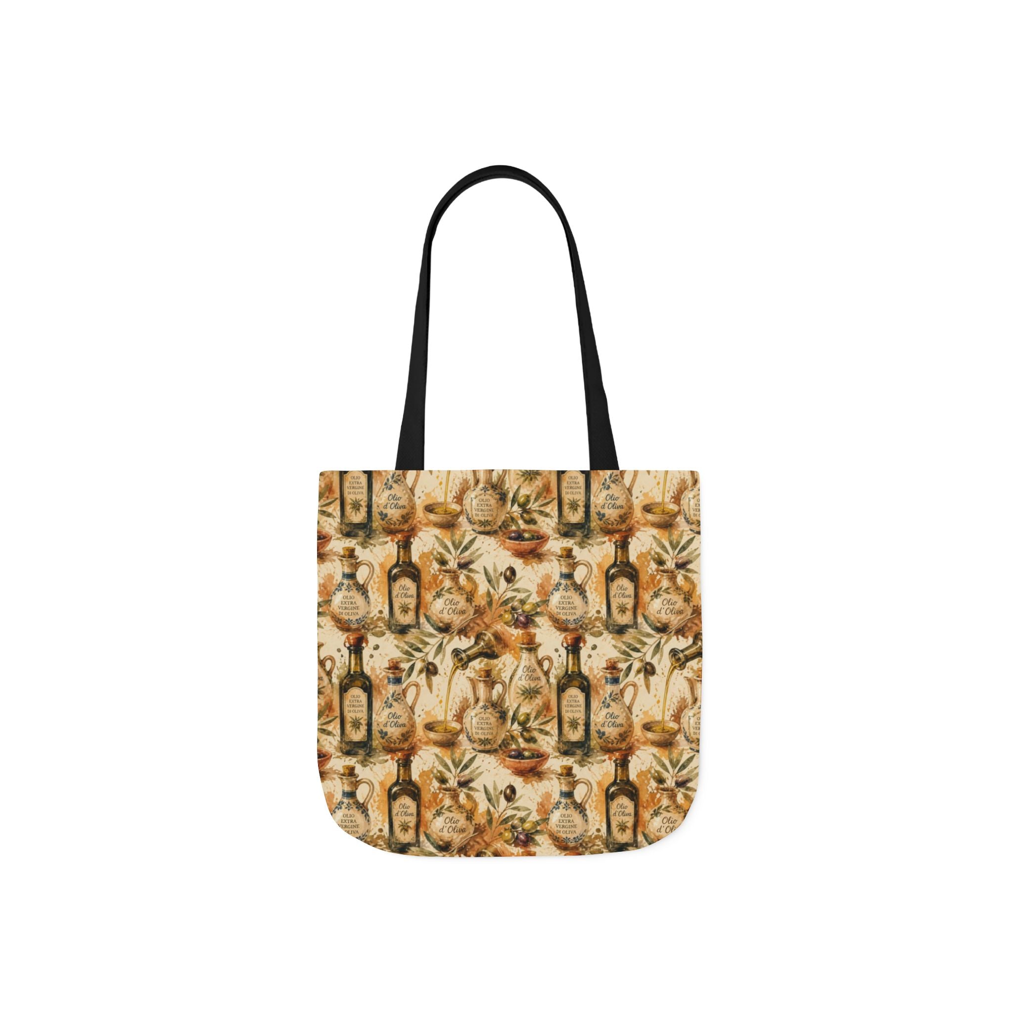 Olive Oil Bottles Canvas Tote Bag Mediterranean Kitchen Watercolor Splash Design Italian Cottagecore Gift