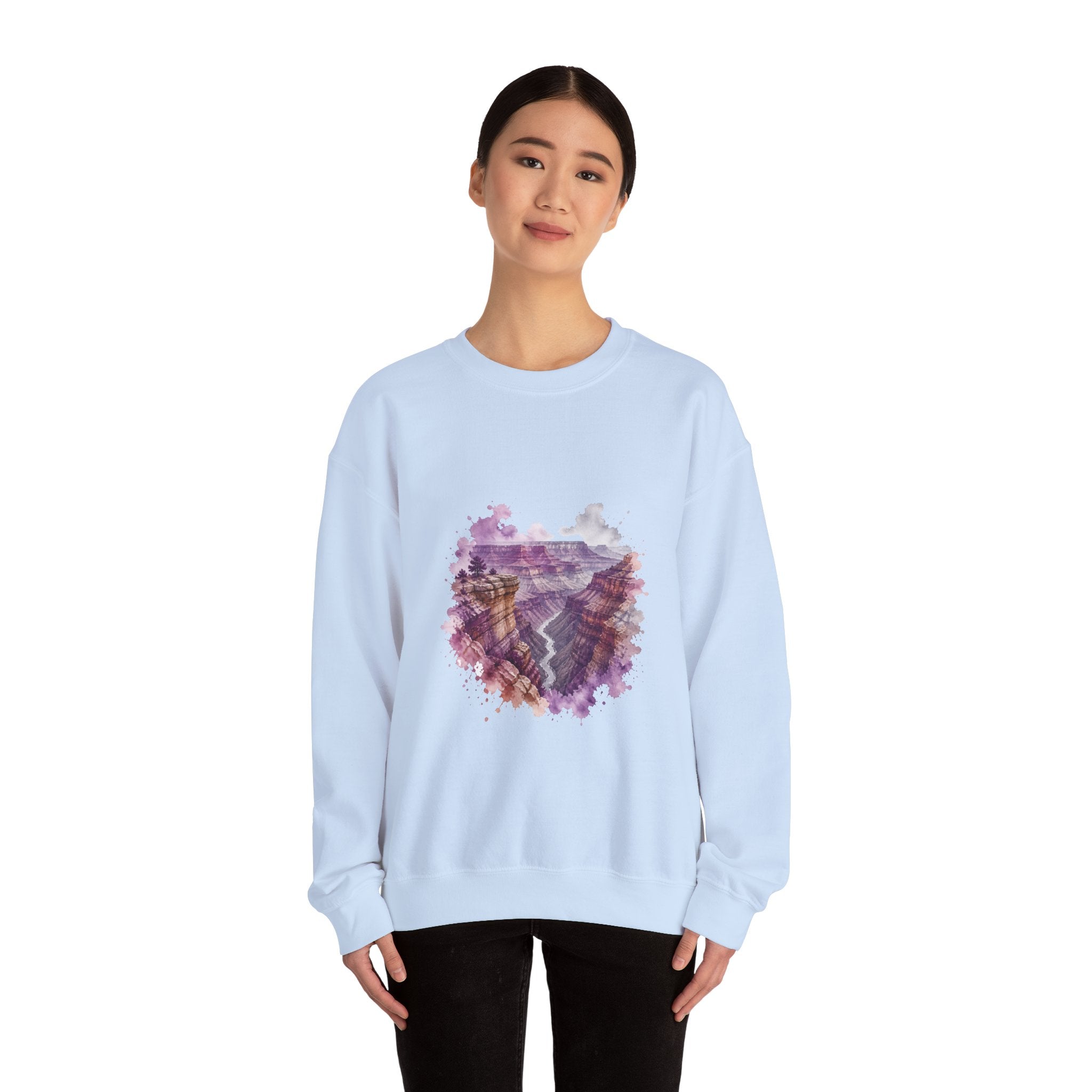 Matching Couple Sweatshirt - Lavender Fields & Canyon Matching Couple Crewneck Sweatshirt Watercolor Art His Hers Engagement Gift - Design B