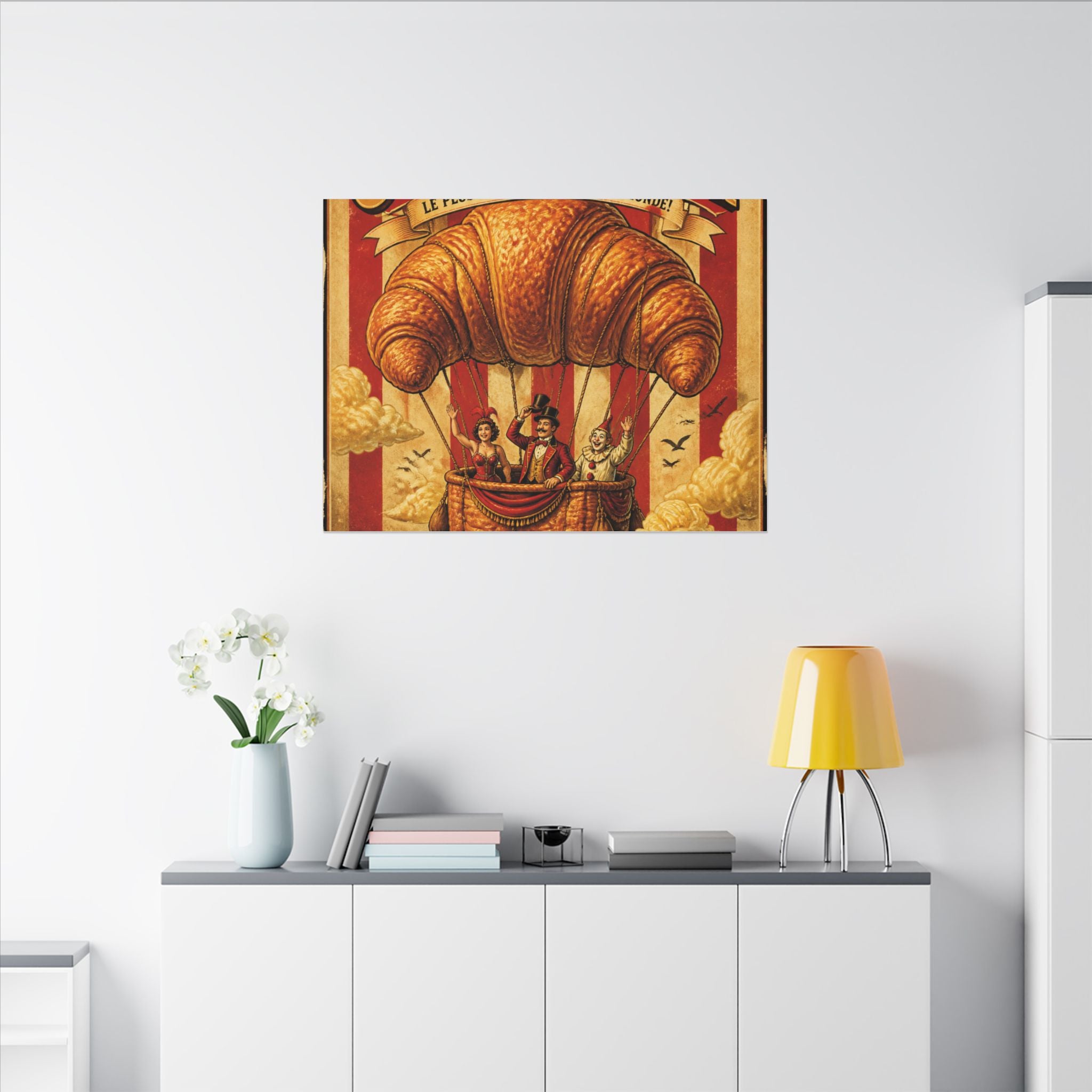Croissant Hot Air Balloon Wall Art Canvas 16×20 Vintage Circus Kitchen Decor Maximalist Print