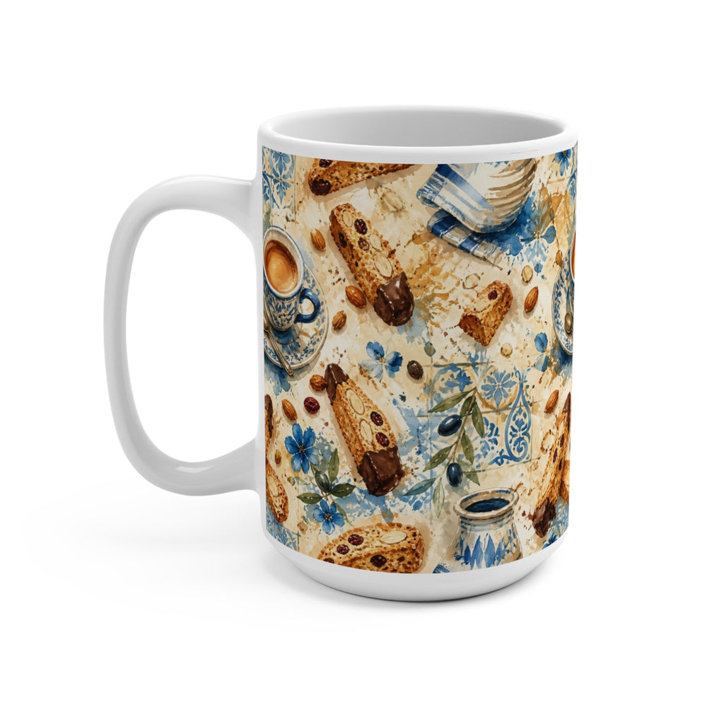 Almond Biscotti 15oz Ceramic Mug Mediterranean Kitchen Watercolor Splash Design Italian Cottagecore Gift