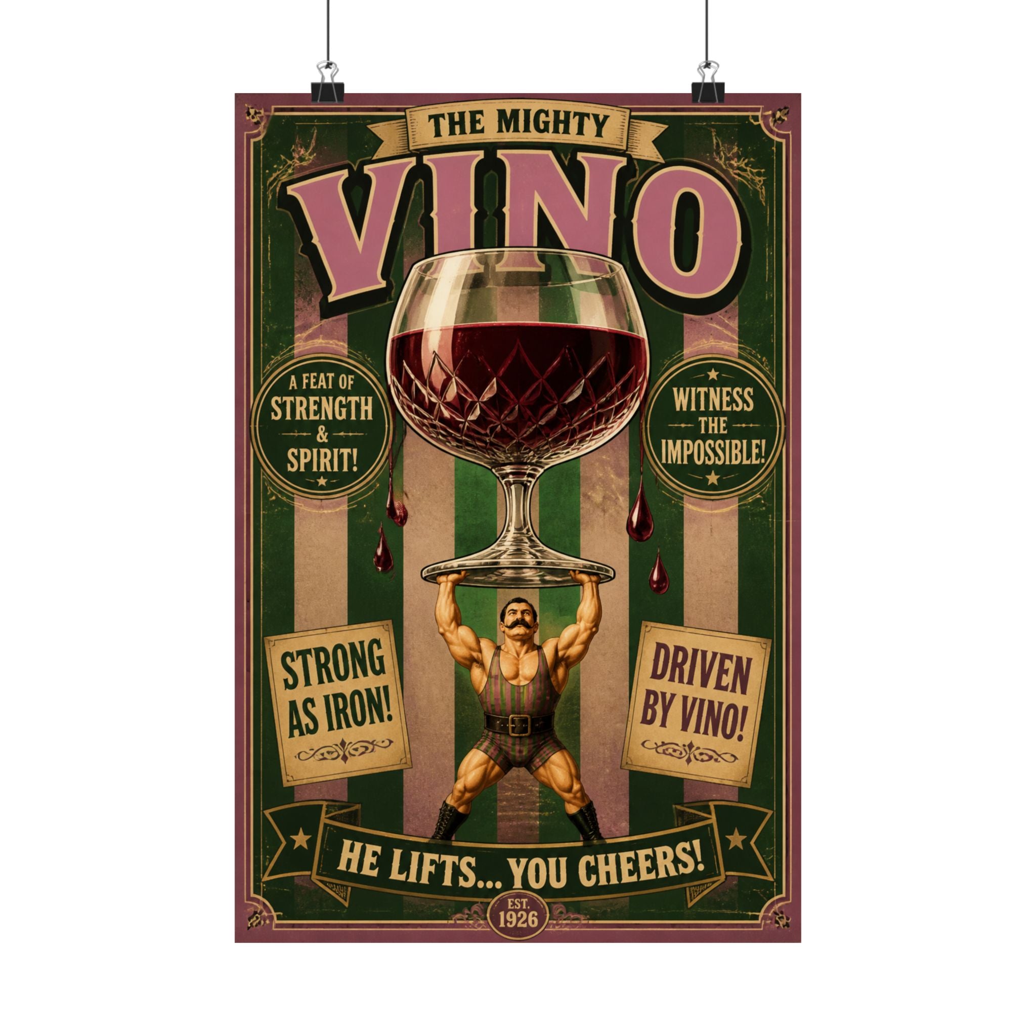 Wine Glass Strongman Wall Art Poster 24×36 Vintage Circus Bedroom Decor Maximalist Print