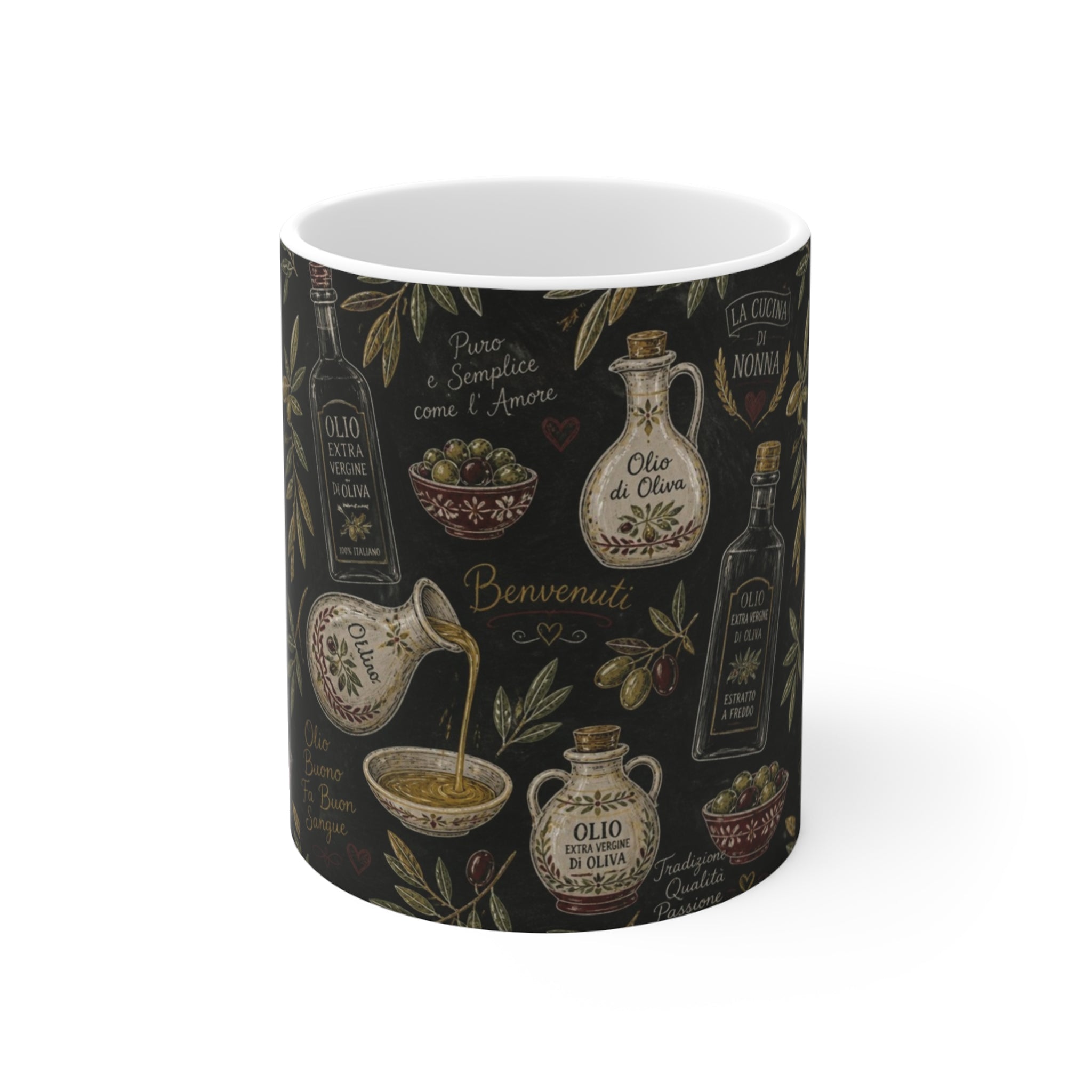 Olive Oil Bottles 11oz Ceramic Mug Mediterranean Kitchen Chalk Art Design Italian Cottagecore Gift