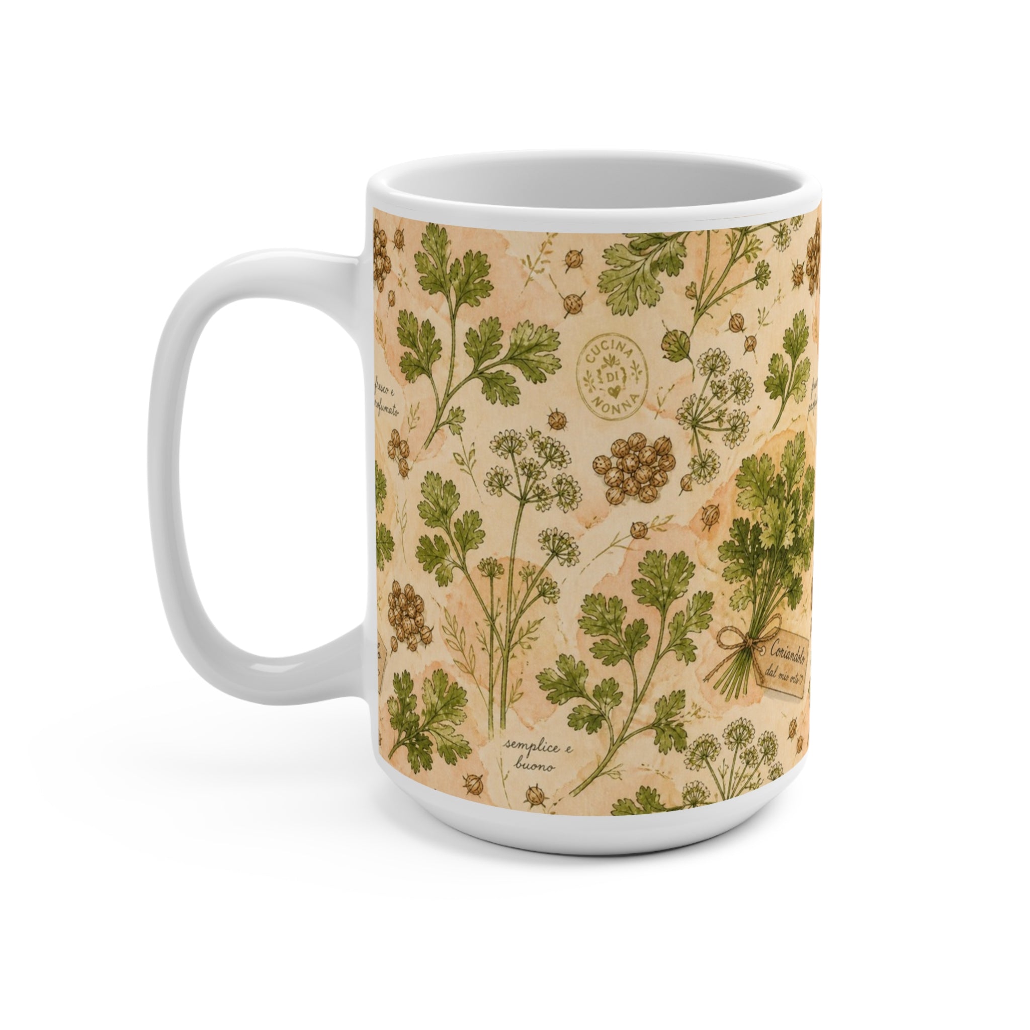 Coriander & Seeds 15oz Ceramic Mug Mediterranean Kitchen Watercolor Design Italian Cottagecore Gift