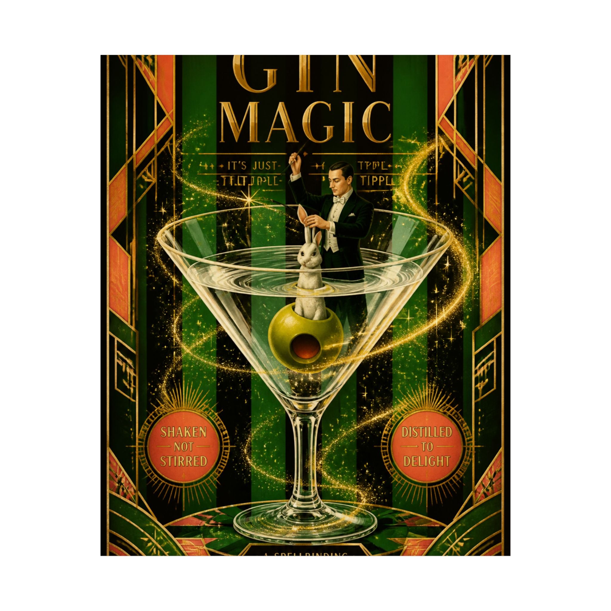 Martini Magician Wall Art Poster 24×36 Art Deco Bar Area Decor Maximalist Print