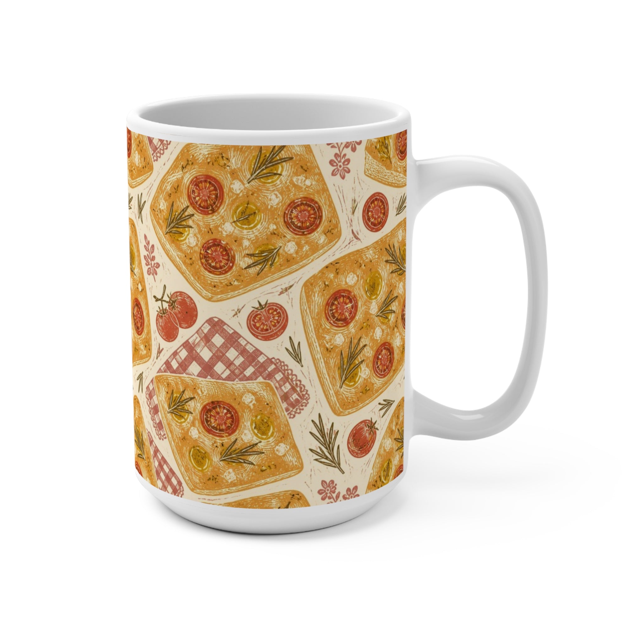 Focaccia Bread 15oz Ceramic Mug Mediterranean Kitchen Linocut Design Italian Cottagecore Gift