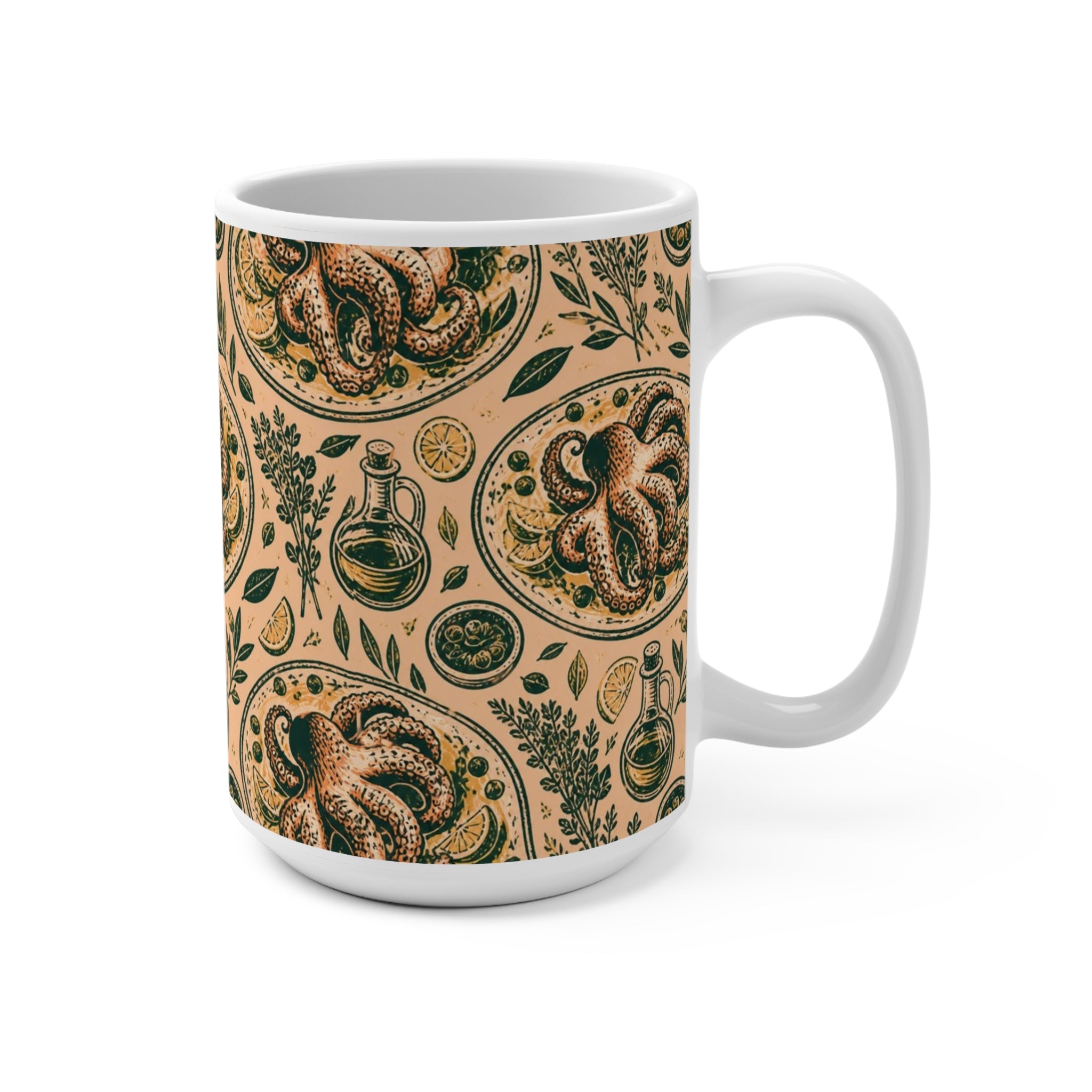 Grilled Octopus 15oz Ceramic Mug Mediterranean Kitchen Linocut Design Italian Cottagecore Gift