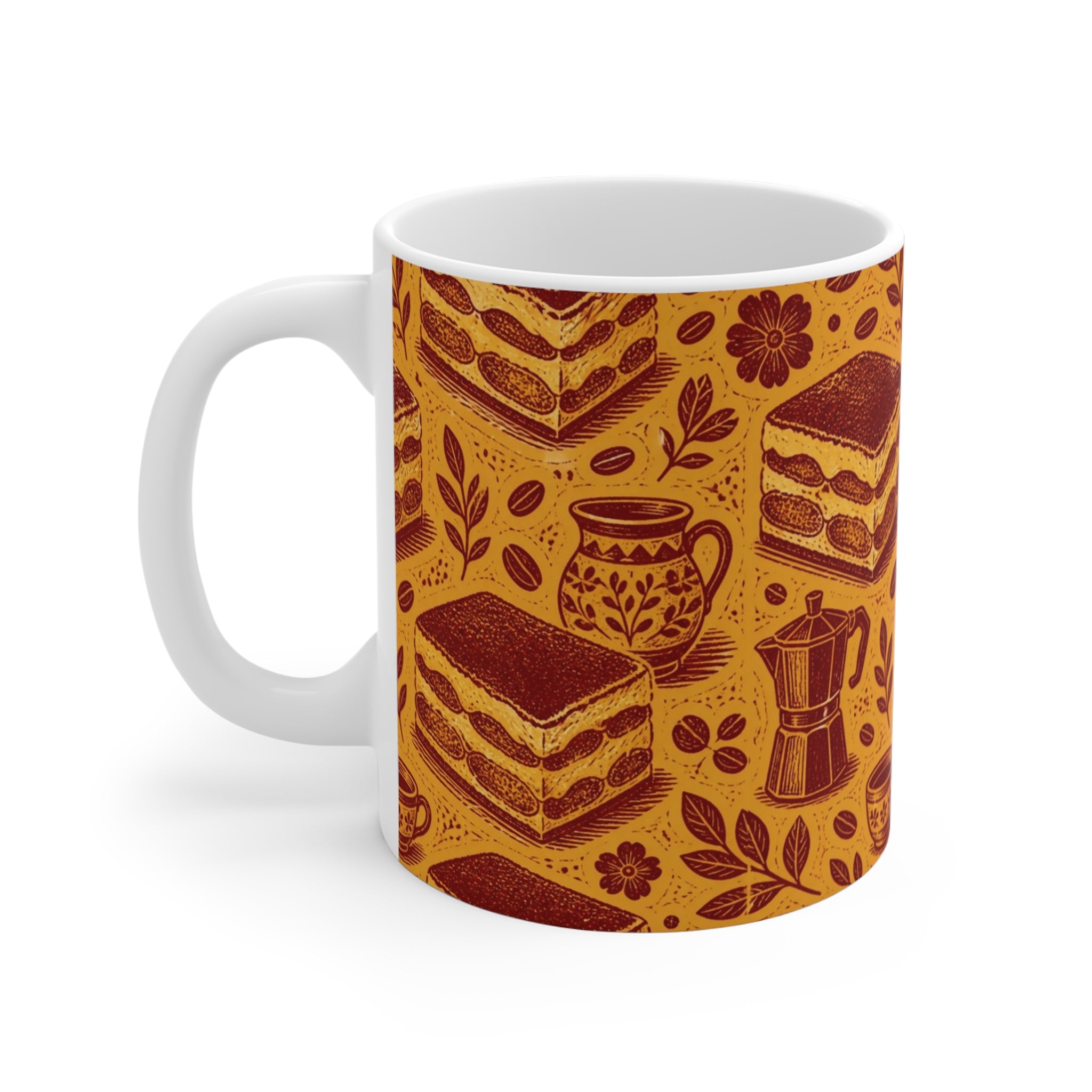 Tiramisu Layers 11oz Ceramic Mug Mediterranean Kitchen Linocut Design Italian Cottagecore Gift