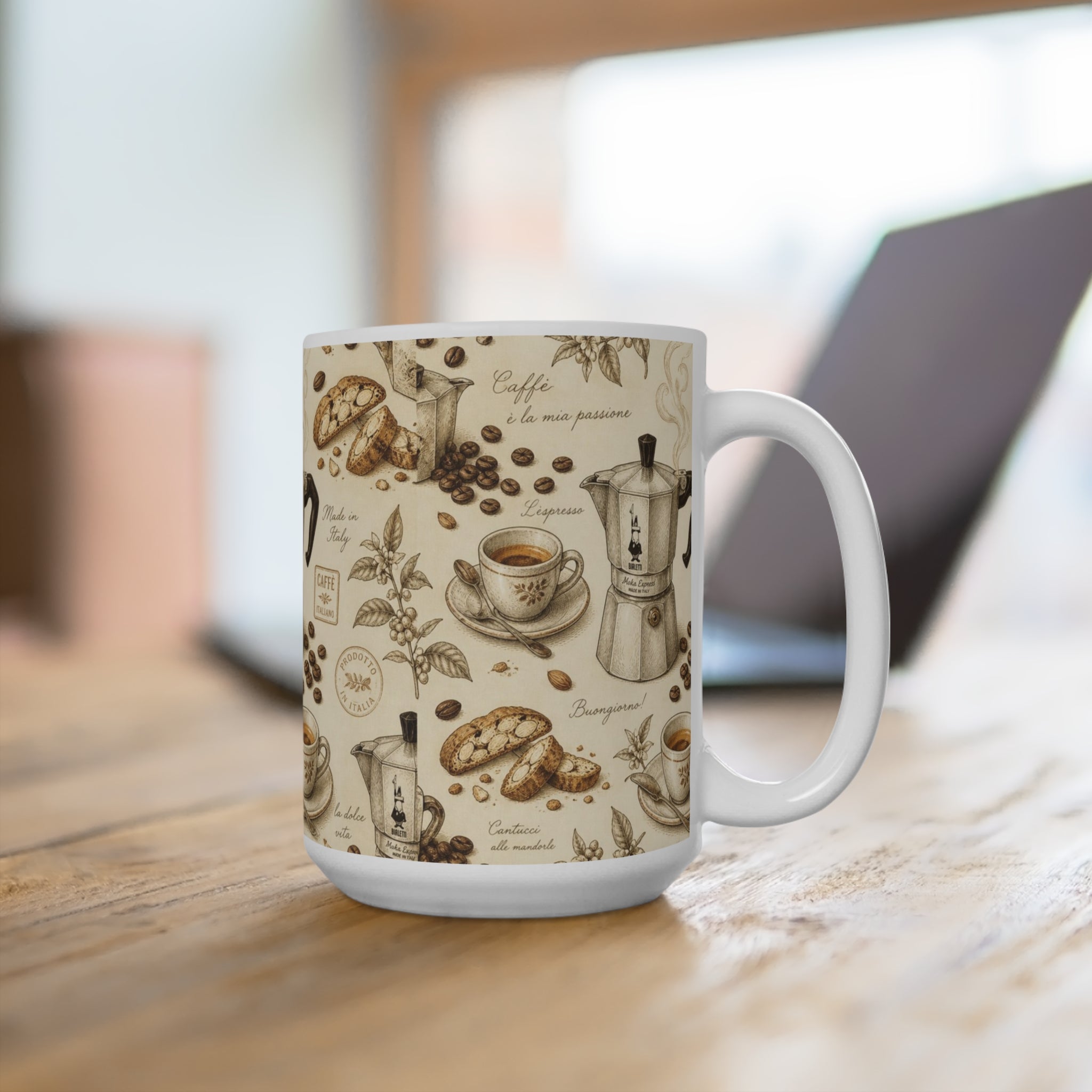 Espresso Moka Pot 15oz Ceramic Mug Mediterranean Kitchen Botanical Design Italian Cottagecore Gift