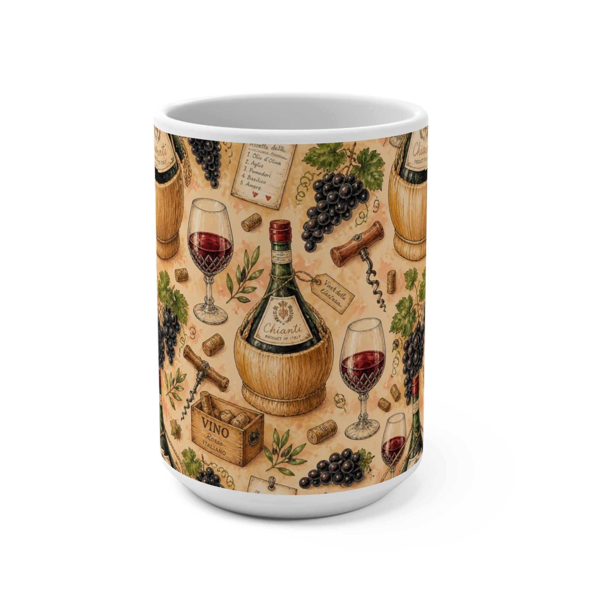 Wine Bottles & Glasses 15oz Ceramic Mug Mediterranean Kitchen Watercolor Design Italian Cottagecore Gift