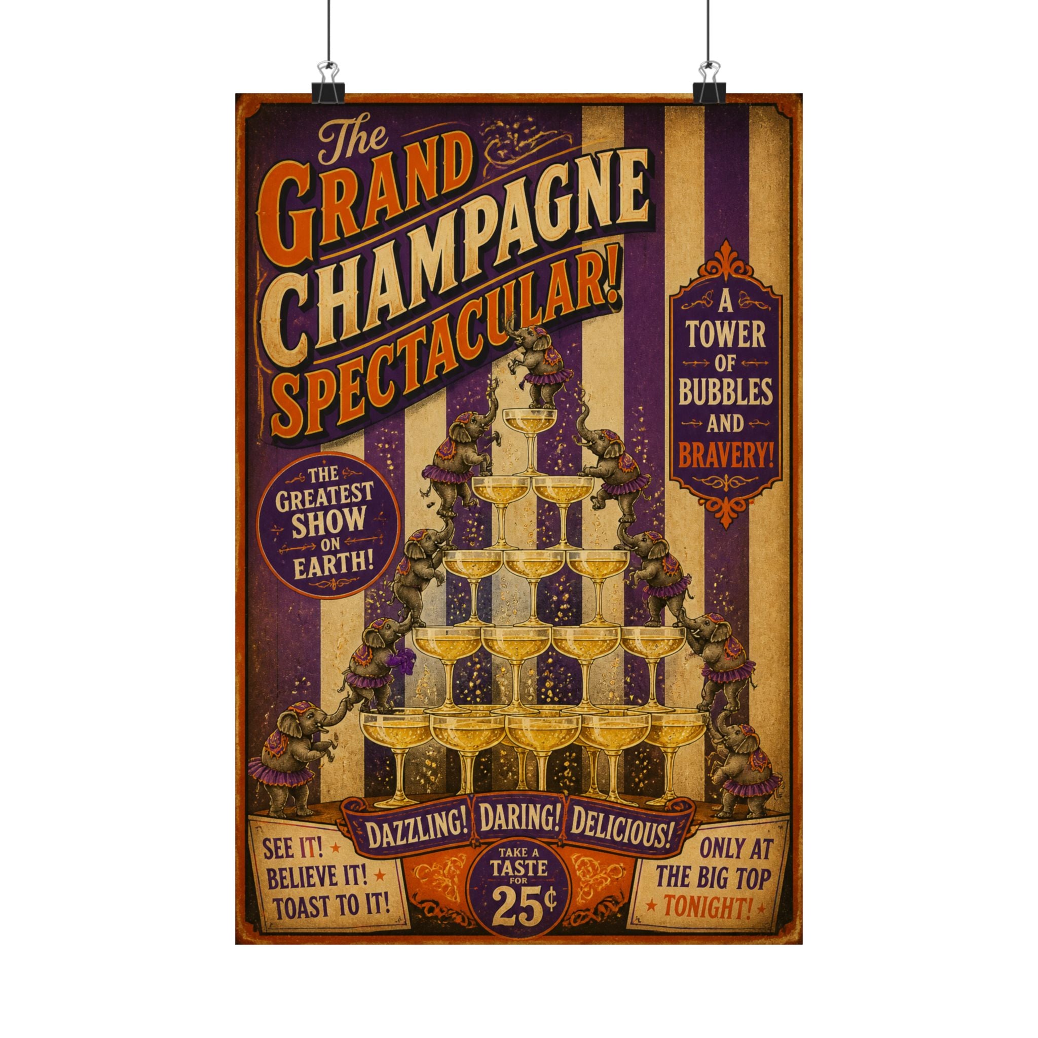 Champagne Tower Elephants Wall Art Poster 24×36 Vintage Circus Bedroom Decor Maximalist Print