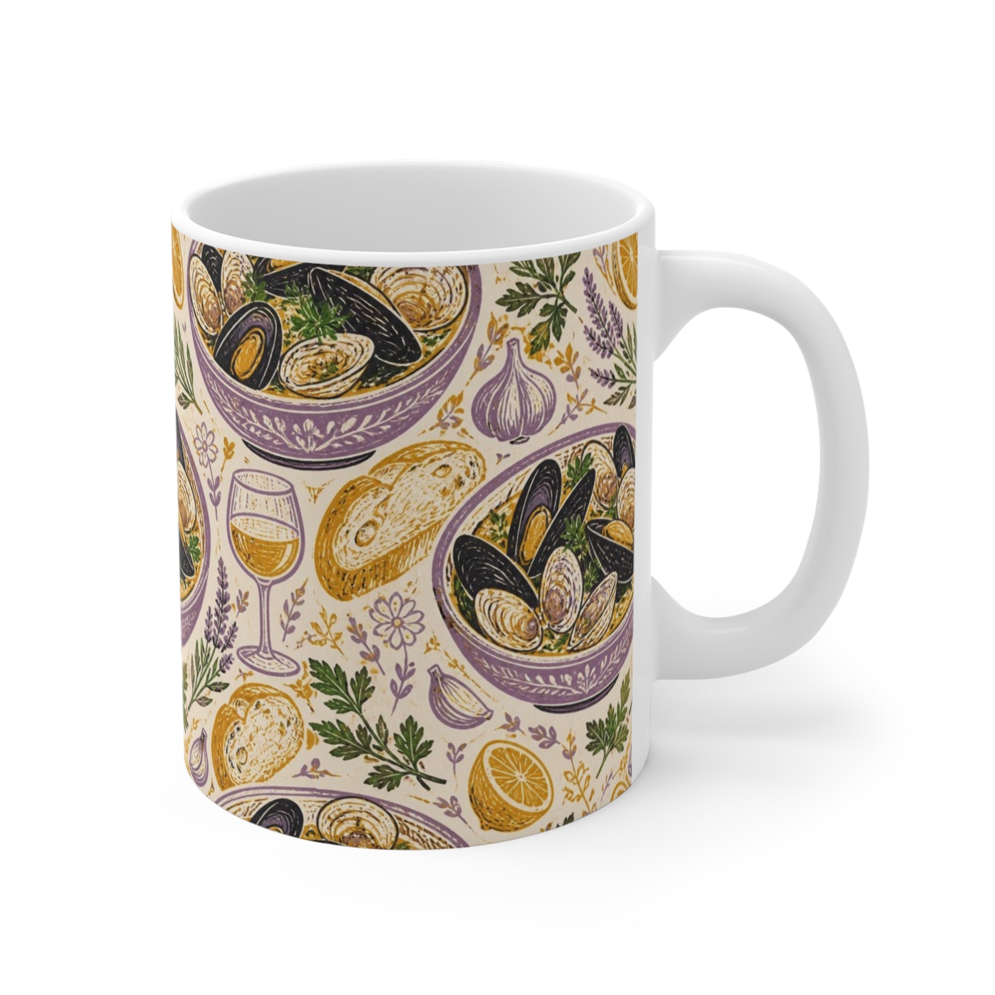 Mussels & Clams 11oz Ceramic Mug Mediterranean Kitchen Linocut Design Italian Cottagecore Gift