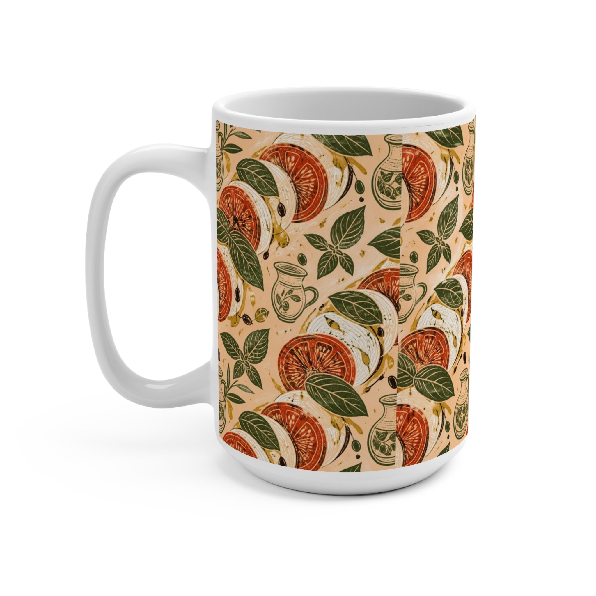 Caprese Arrangement 15oz Ceramic Mug Mediterranean Kitchen Linocut Design Italian Cottagecore Gift