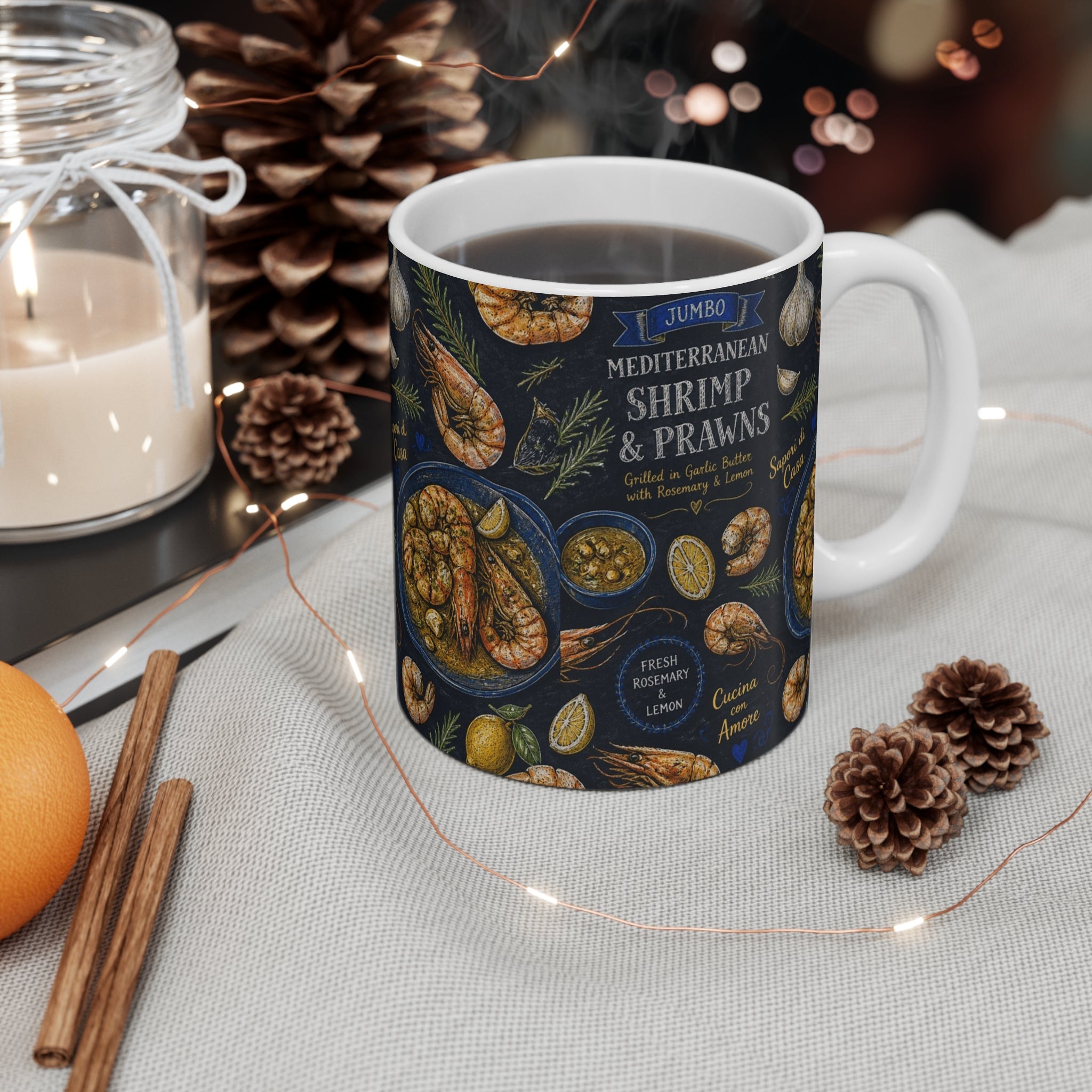 Mediterranean Shrimp 11oz Ceramic Mug Mediterranean Kitchen Chalk Art Design Italian Cottagecore Gift