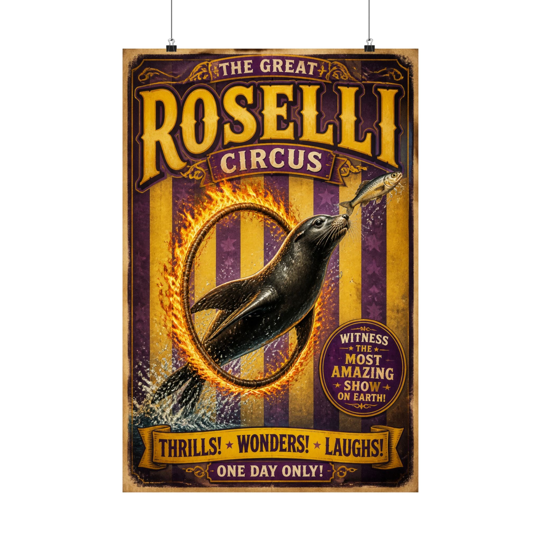 Seal Fire Hoop Wall Art Poster 18×24 Vintage Circus Kitchen Decor Maximalist Print