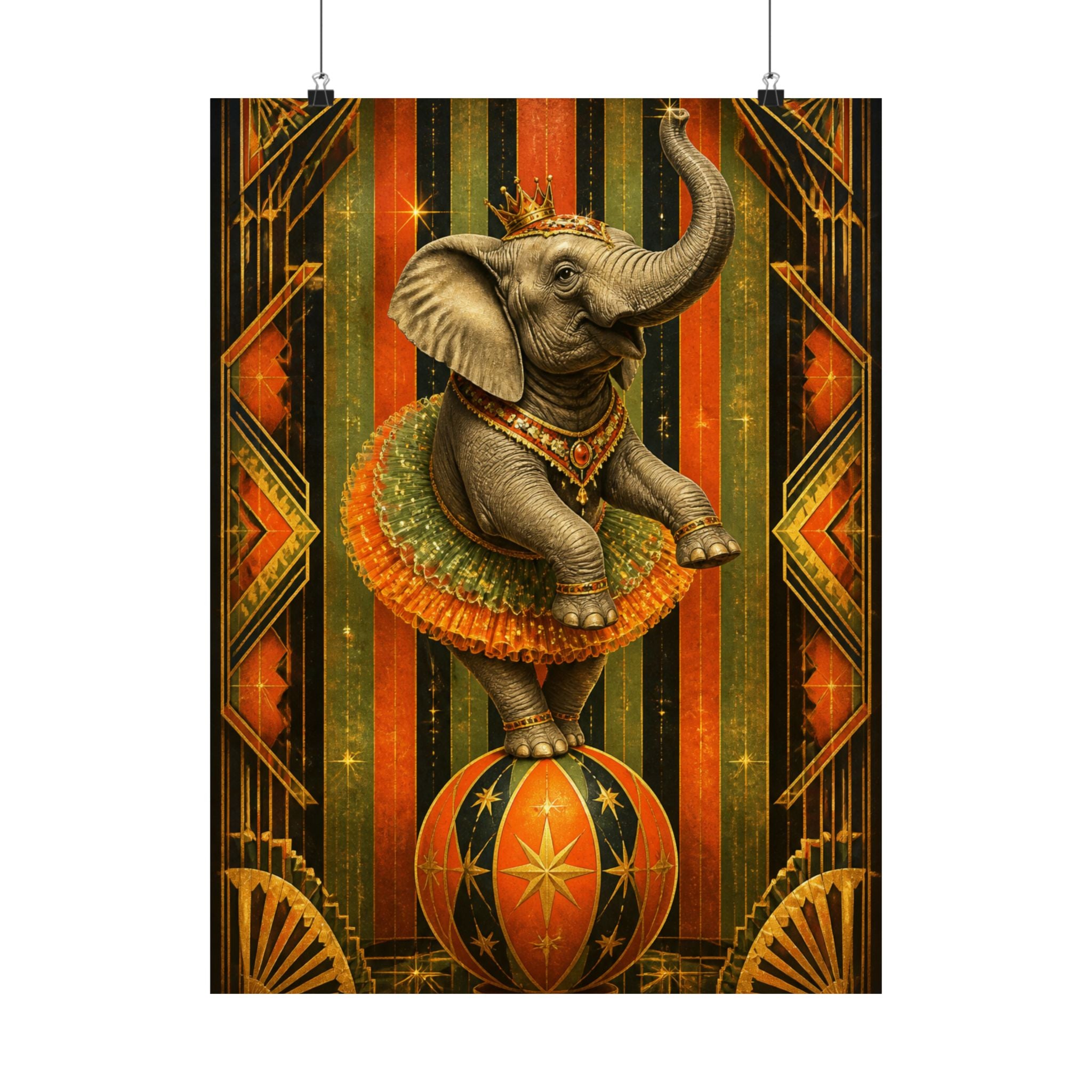 Elephant on Ball Wall Art Poster 24×36 Art Deco Bar Area Decor Maximalist Print