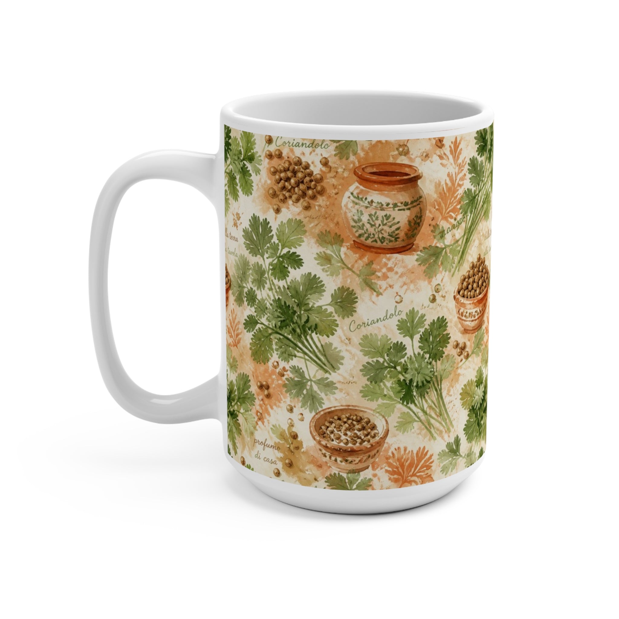 Coriander & Seeds 15oz Ceramic Mug Mediterranean Kitchen Watercolor Splash Design Italian Cottagecore Gift