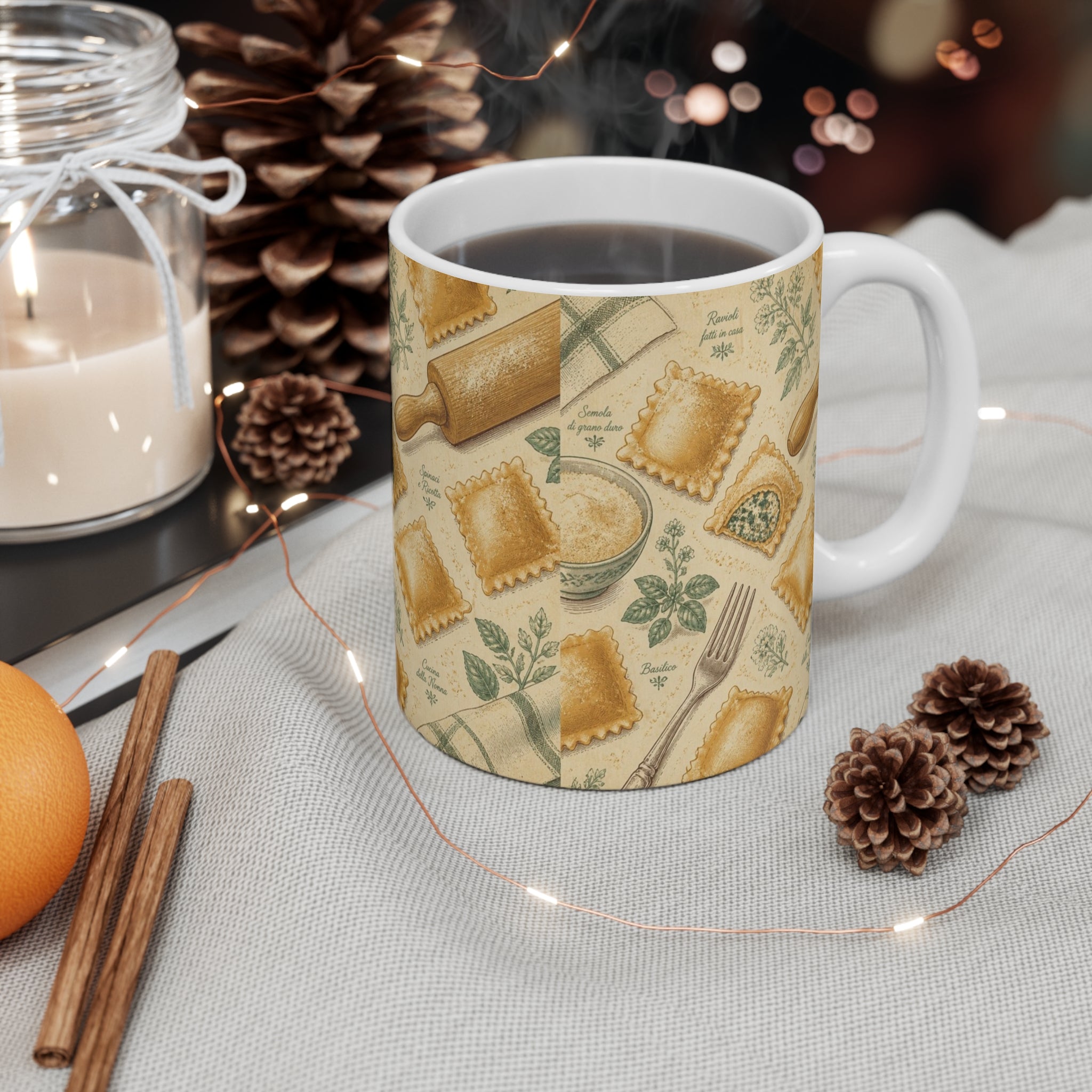 Fresh Ravioli 11oz Ceramic Mug Mediterranean Kitchen Botanical Design Italian Cottagecore Gift