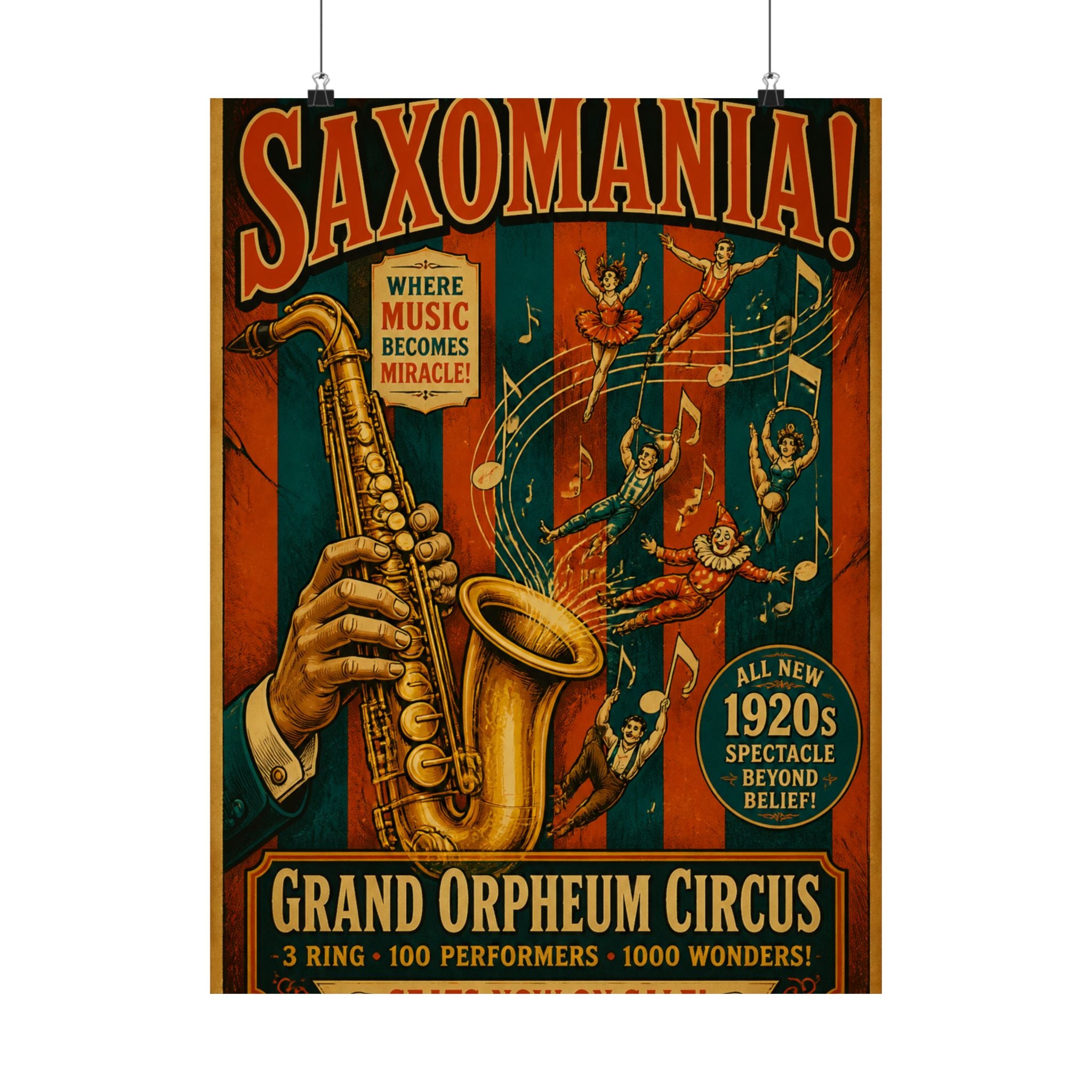 Saxophone Music Circus Wall Art Poster 18×24 Vintage Circus Kitchen Decor Maximalist Print
