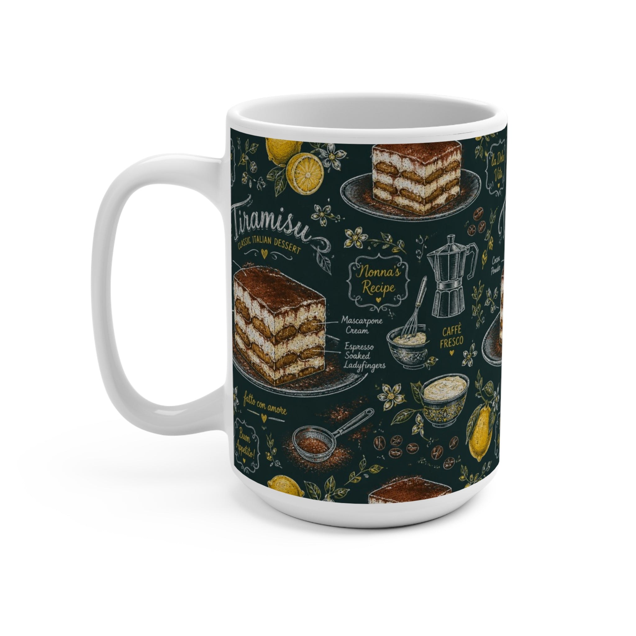 Tiramisu Layers 15oz Ceramic Mug Mediterranean Kitchen Chalk Art Design Italian Cottagecore Gift
