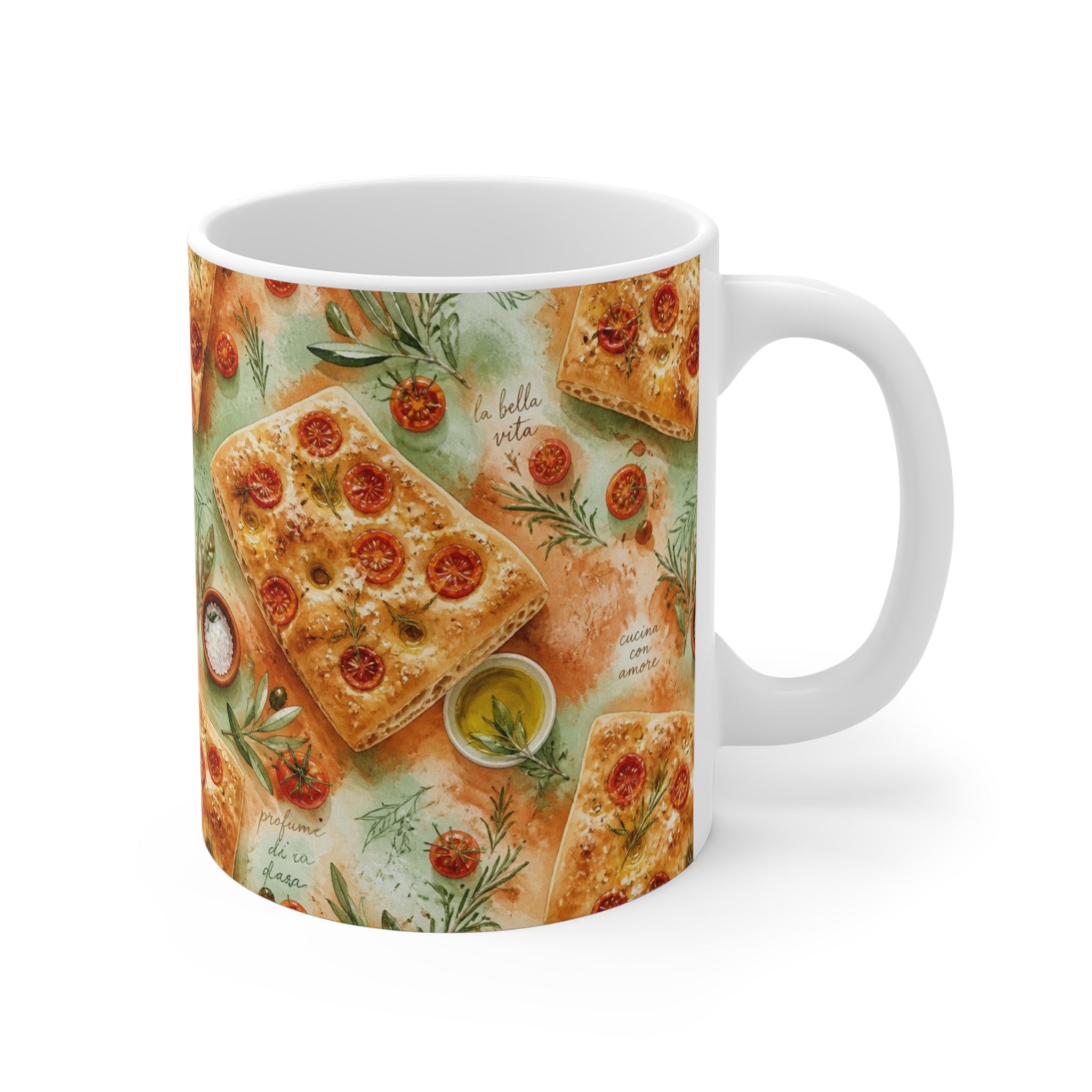 Focaccia Bread 11oz Ceramic Mug Mediterranean Kitchen Watercolor Splash Design Italian Cottagecore Gift