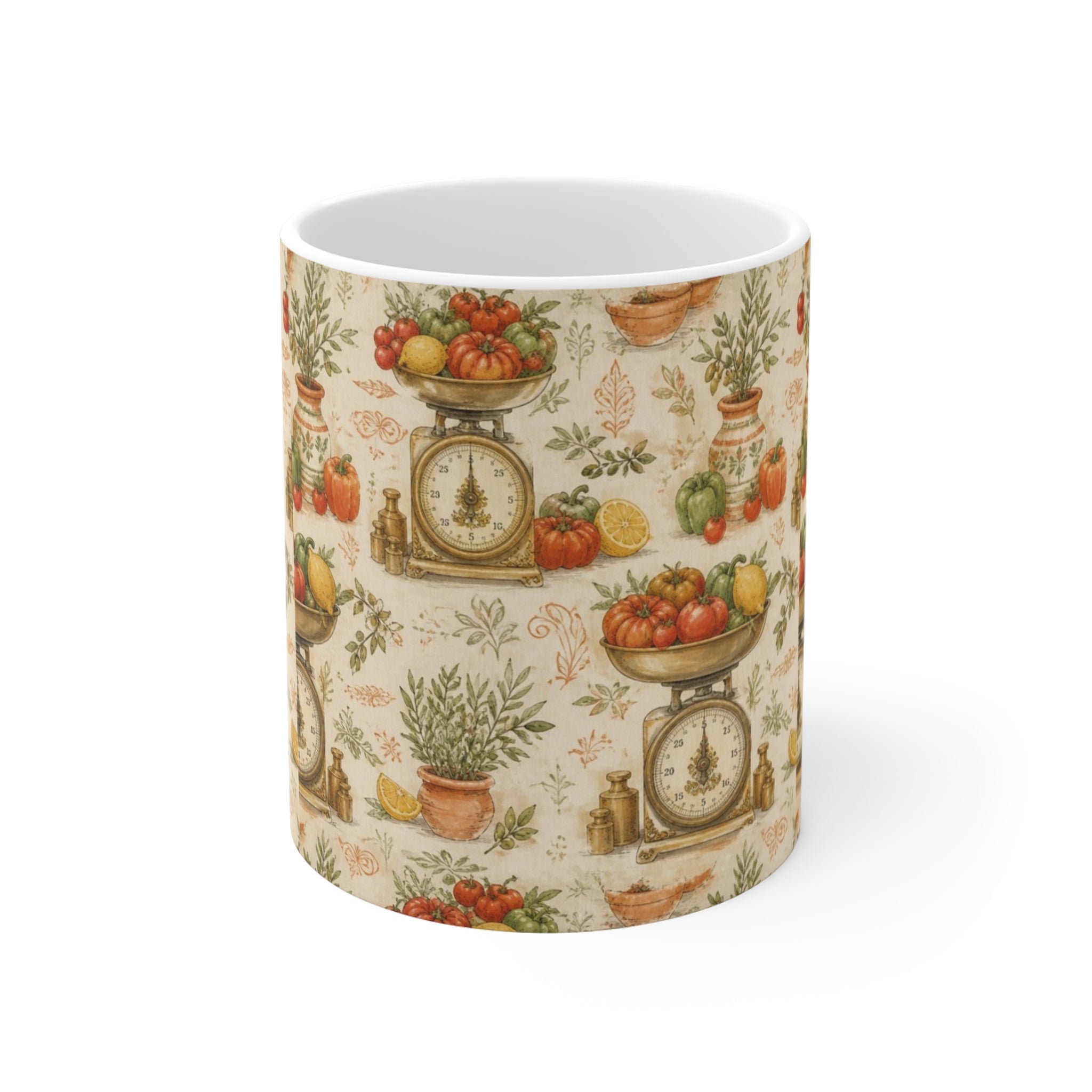 Vintage Kitchen Scale 11oz Ceramic Mug Mediterranean Kitchen Watercolor Design Italian Cottagecore Gift